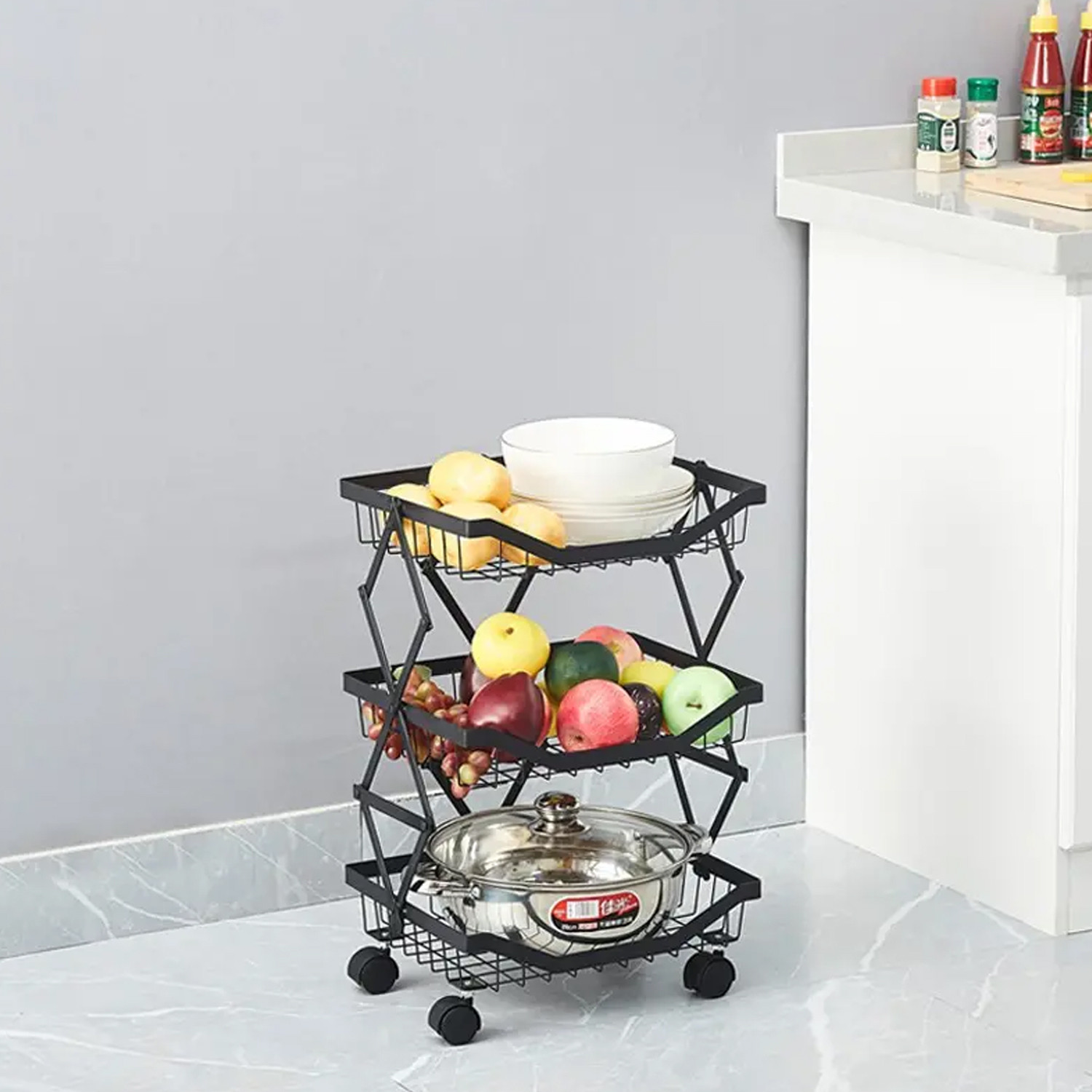 Kuber Industries 3-Layer Collapsible Kitchen Rack|Multipurpose Storage Basket|360-Degree Rotable Kitchen Trolley|Fruit Basket (Black)