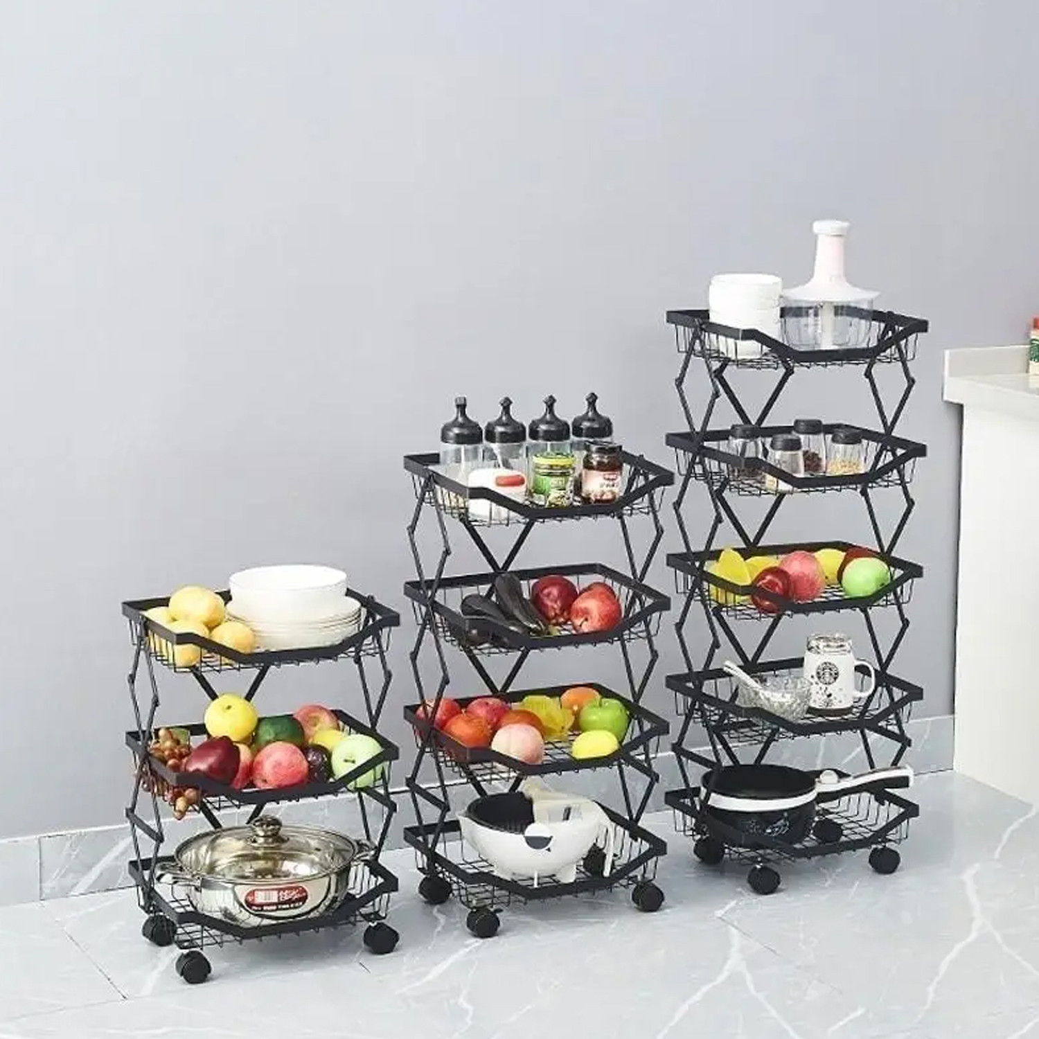 Kuber Industries 3-Layer Collapsible Kitchen Rack|Multipurpose Storage Basket|360-Degree Rotable Kitchen Trolley|Fruit Basket (Black)