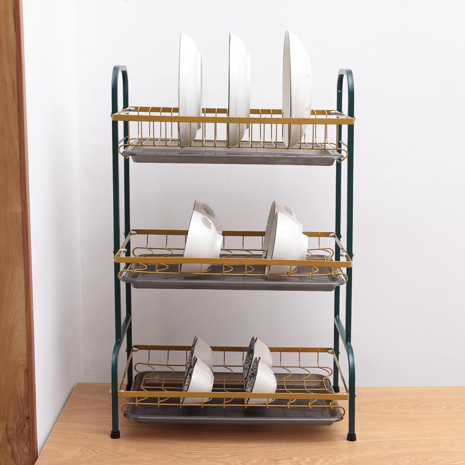 Kuber Industries 3-Layer Dish Drying Rack|Storage Rack for Kitchen Counter|Drainboard & Cutting Board Holder|Premium Utensils Basket (Dark Green & Gold)