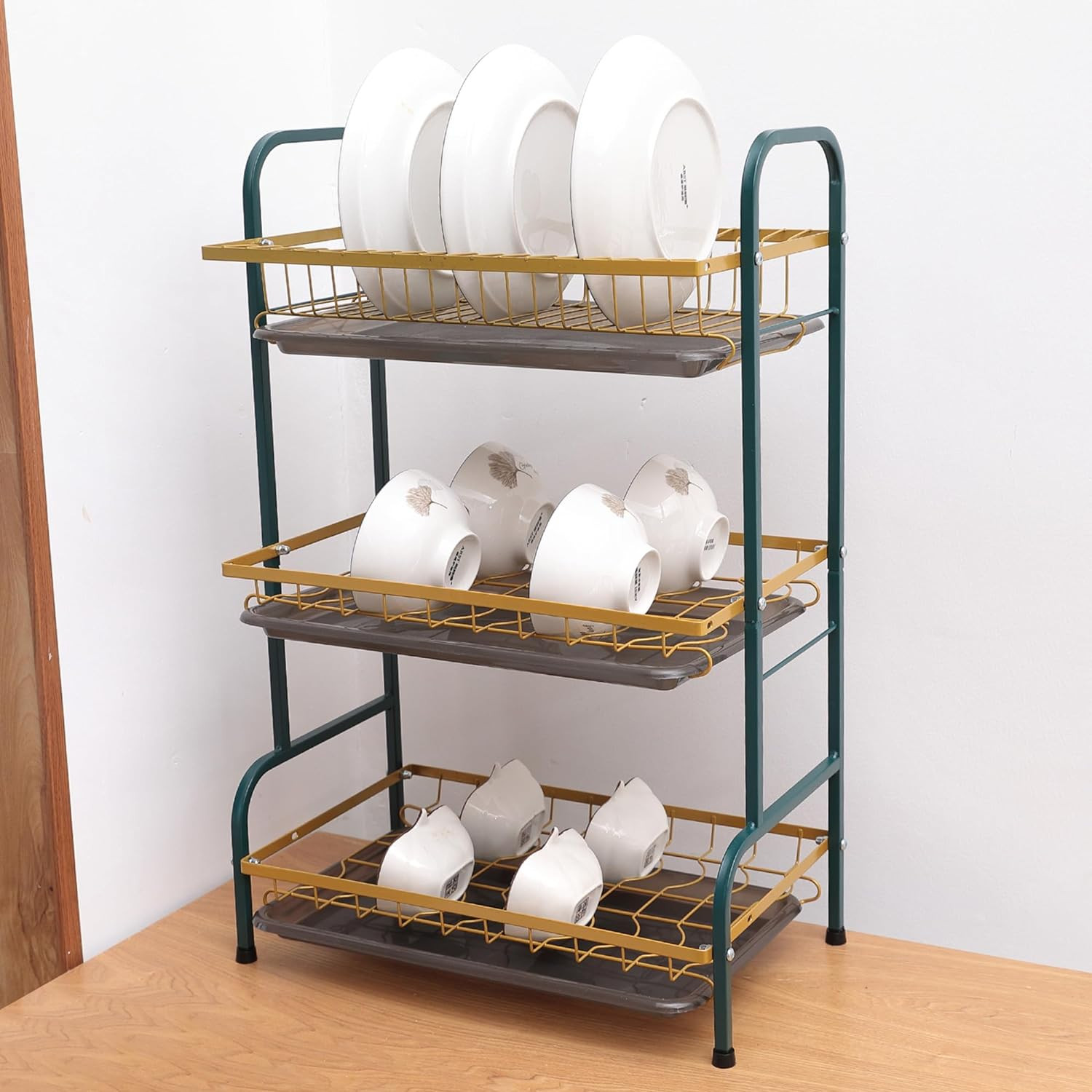 Kuber Industries 3-Layer Dish Drying Rack|Storage Rack for Kitchen Counter|Drainboard & Cutting Board Holder|Premium Utensils Basket (Dark Green & Gold)