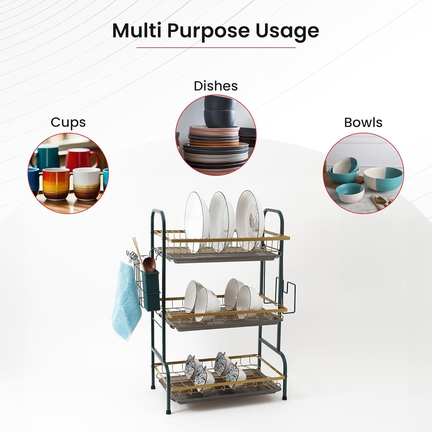 Kuber Industries 3-Layer Dish Drying Rack|Storage Rack for Kitchen Counter|Drainboard & Cutting Board Holder|Premium Utensils Basket (Dark Green & Gold)