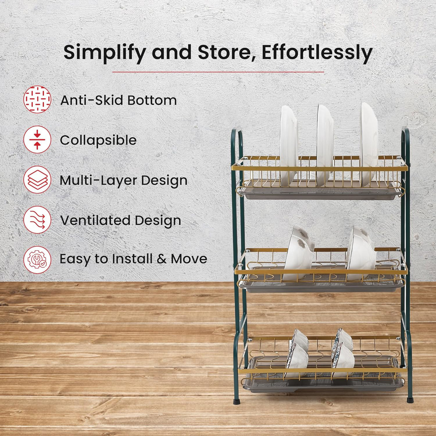 Kuber Industries 3-Layer Dish Drying Rack|Storage Rack for Kitchen Counter|Drainboard & Cutting Board Holder|Premium Utensils Basket (Dark Green & Gold)