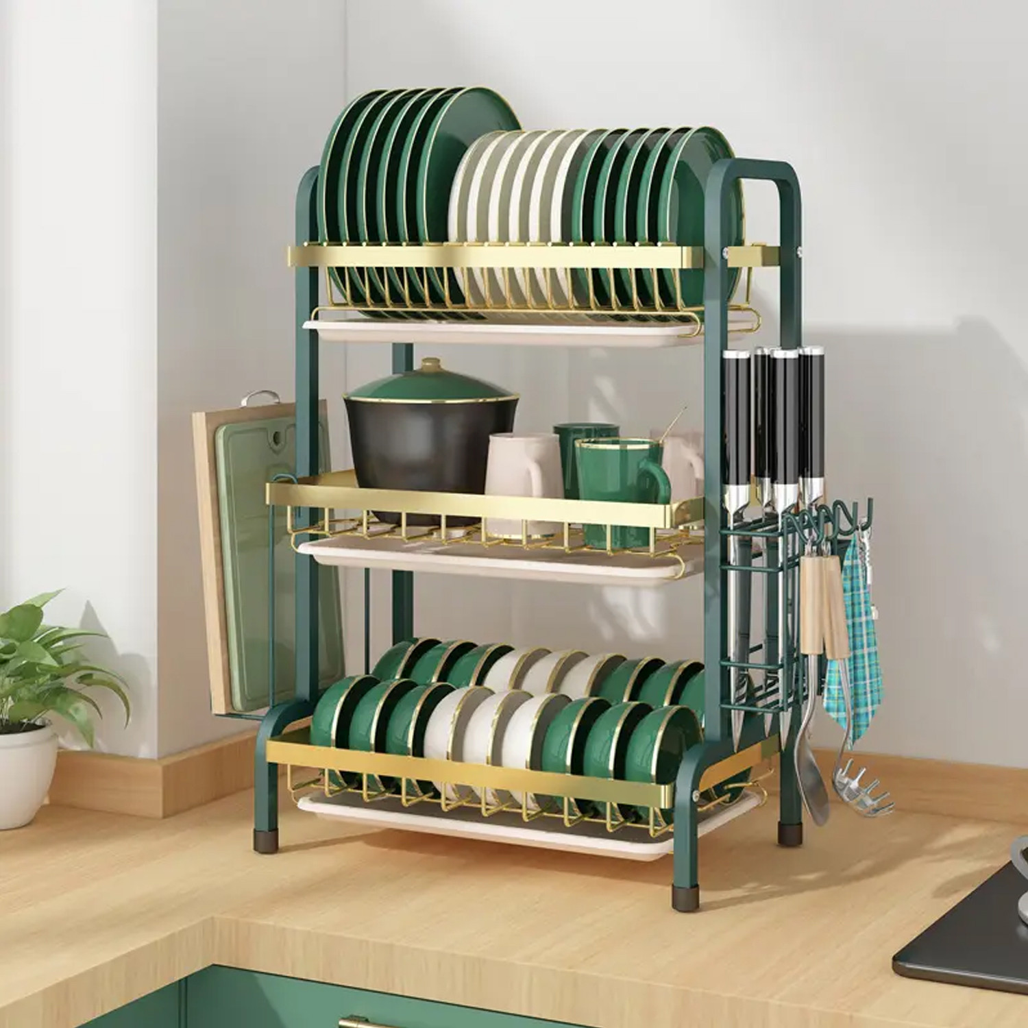 Kuber Industries 3-Layer Dish Drying Rack|Storage Rack for Kitchen Counter|Drainboard & Cutting Board Holder|Premium Utensils Basket (Gold & Dark Green)