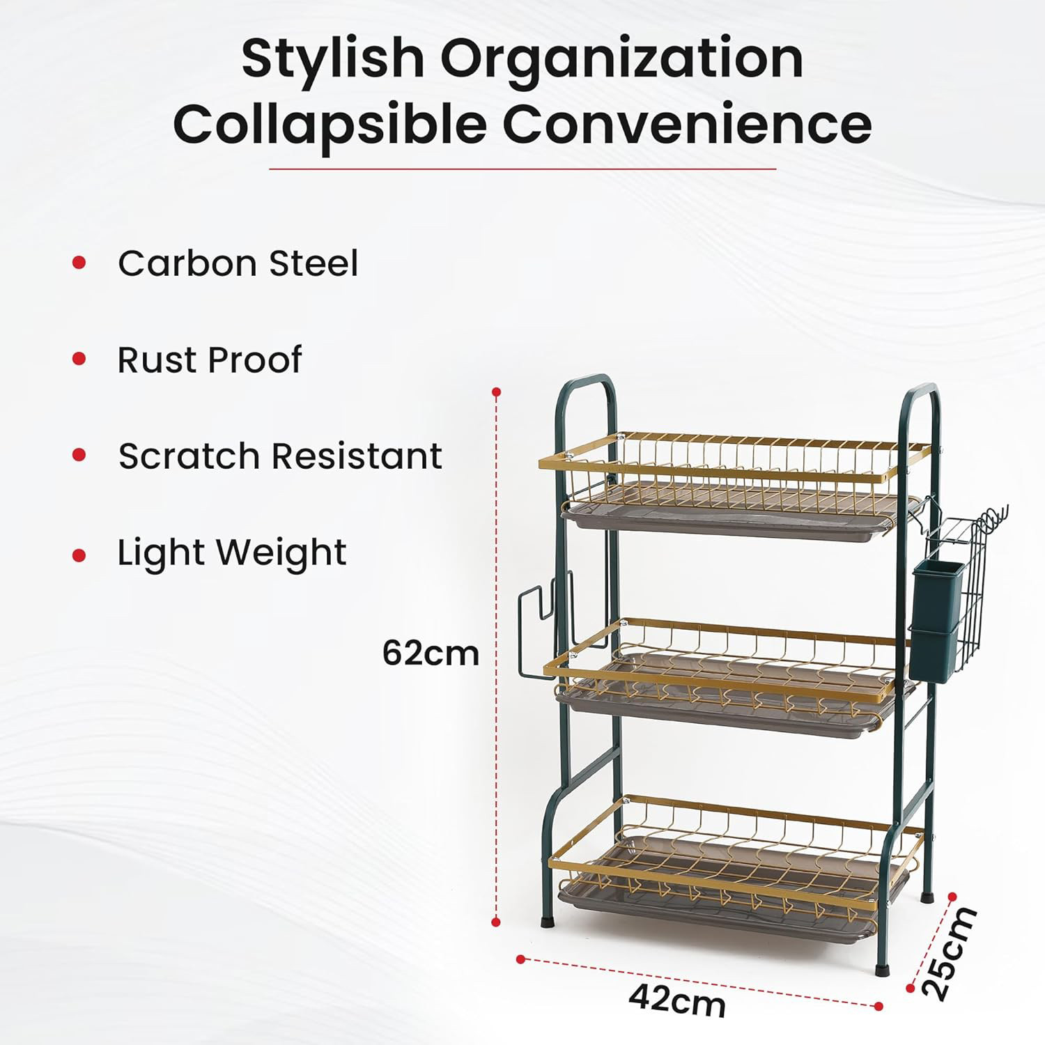 Kuber Industries 3-Layer Dish Drying Rack|Storage Rack for Kitchen Counter|Drainboard & Cutting Board Holder|Premium Utensils Basket (Gold & Dark Green)