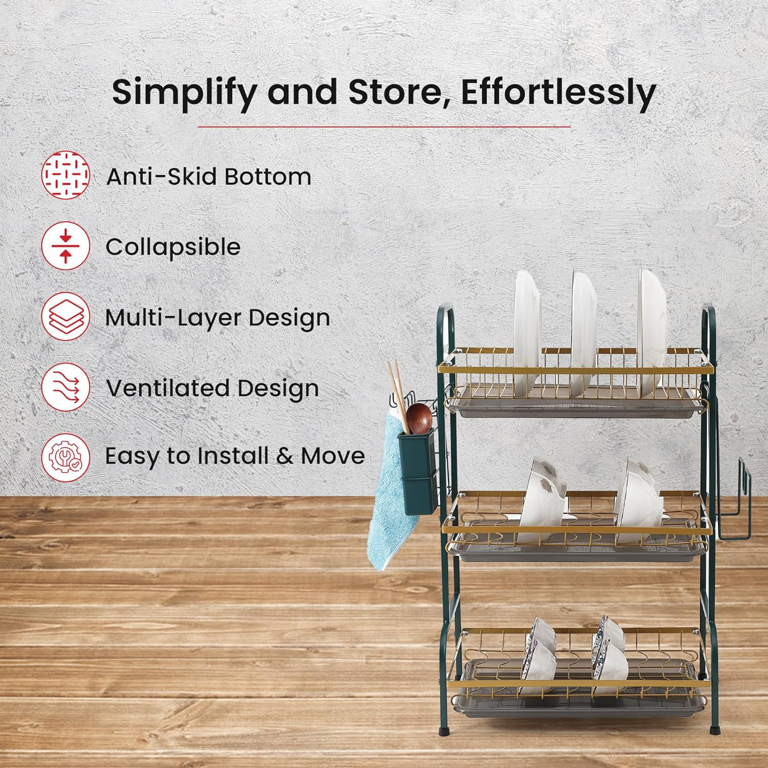 Kuber Industries 3-Layer Dish Drying Rack|Storage Rack for Kitchen Counter|Drainboard & Cutting Board Holder|Premium Utensils Basket (Gold & Dark Green)