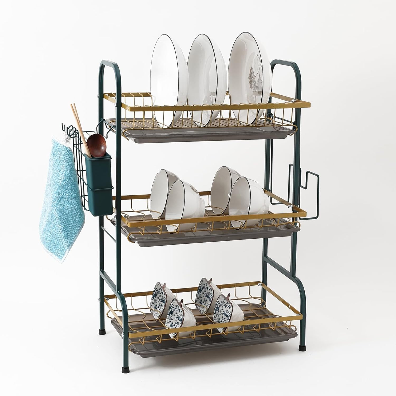 Kuber Industries 3-Layer Dish Drying Rack|Storage Rack for Kitchen Counter|Drainboard & Cutting Board Holder|Premium Utensils Basket (Gold & Dark Green)