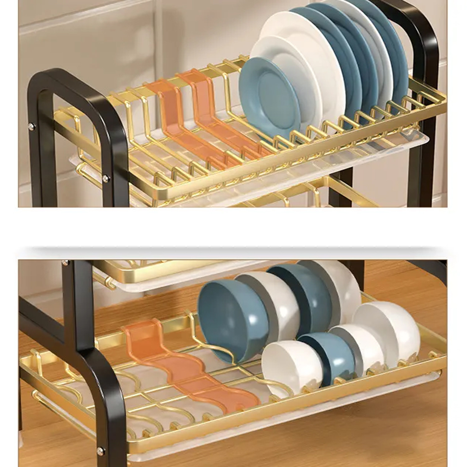 Kuber Industries 3-Layer Dish Drying Rack|Storage Rack for Kitchen Counter|Drainboard & Cutting Board Holder|Premium Utensils Basket (Gold & Dark Green)