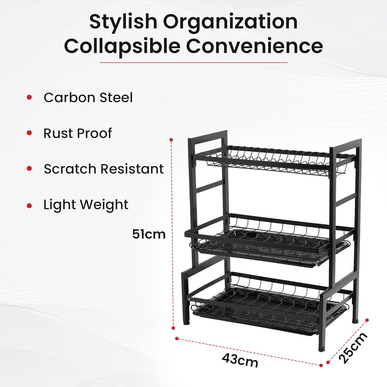 Kuber Industries 3-Layer Dish Drying Rack|Storage Rack for Kitchen Counter|Drainboard & Cutting Board Holder|Premium Utensils Basket|Free Mounting (Black)
