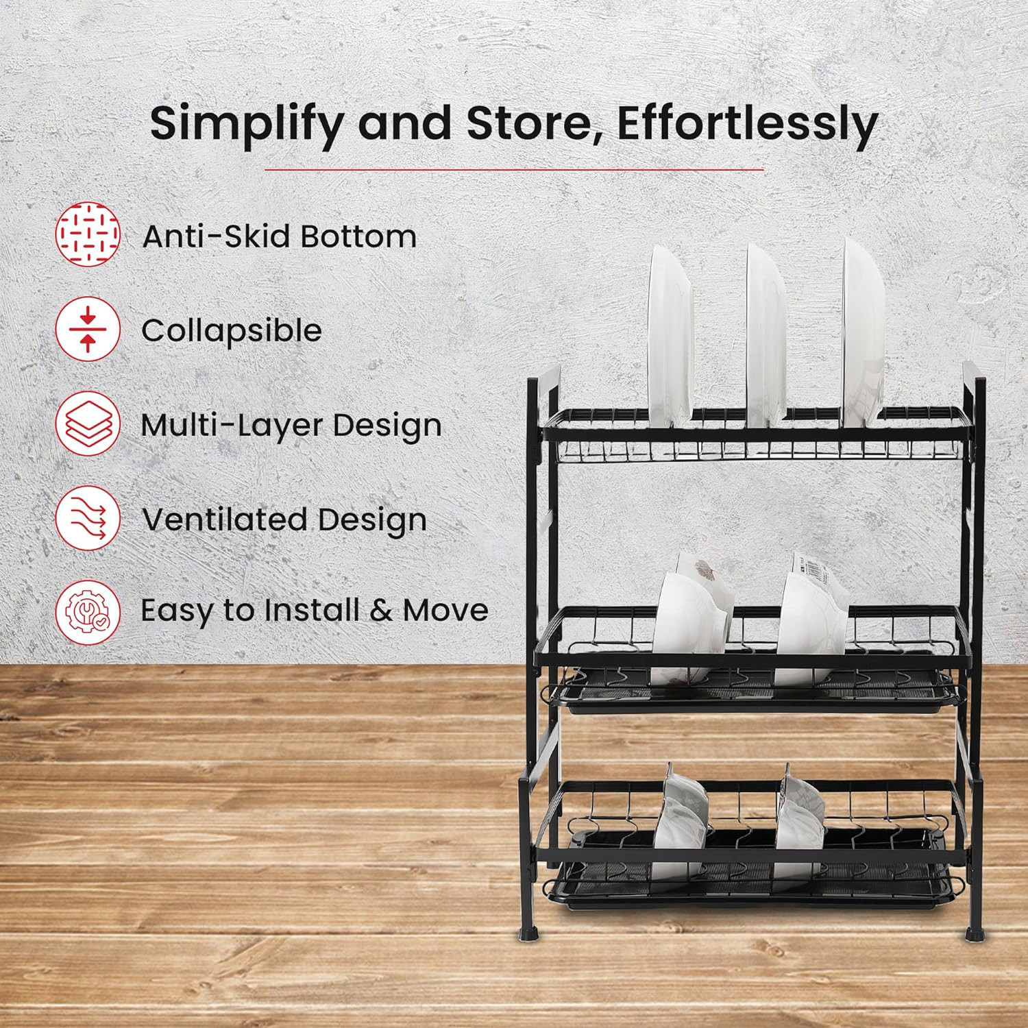 Kuber Industries 3-Layer Dish Drying Rack|Storage Rack for Kitchen Counter|Drainboard & Cutting Board Holder|Premium Utensils Basket|Free Mounting (Black)