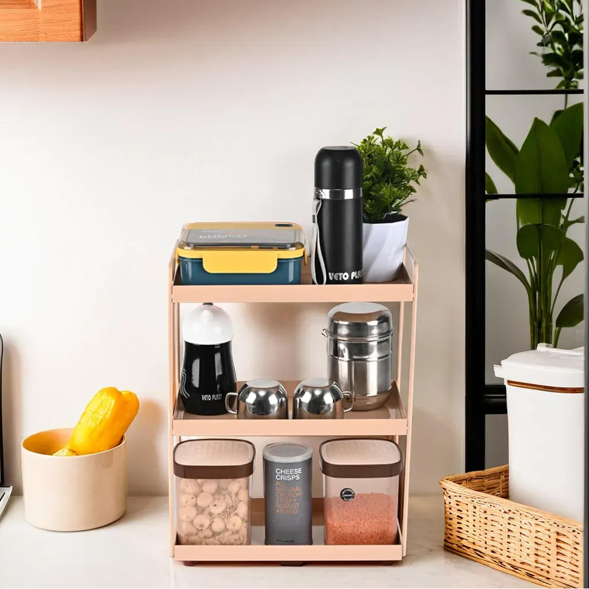 Kuber Industries 3-Layer Durable Kitchen Storage Rack for Spices  Space-Saving Multipurpose Onion  FruitVegetable Stand for Kitchen Home  Office  Peach
