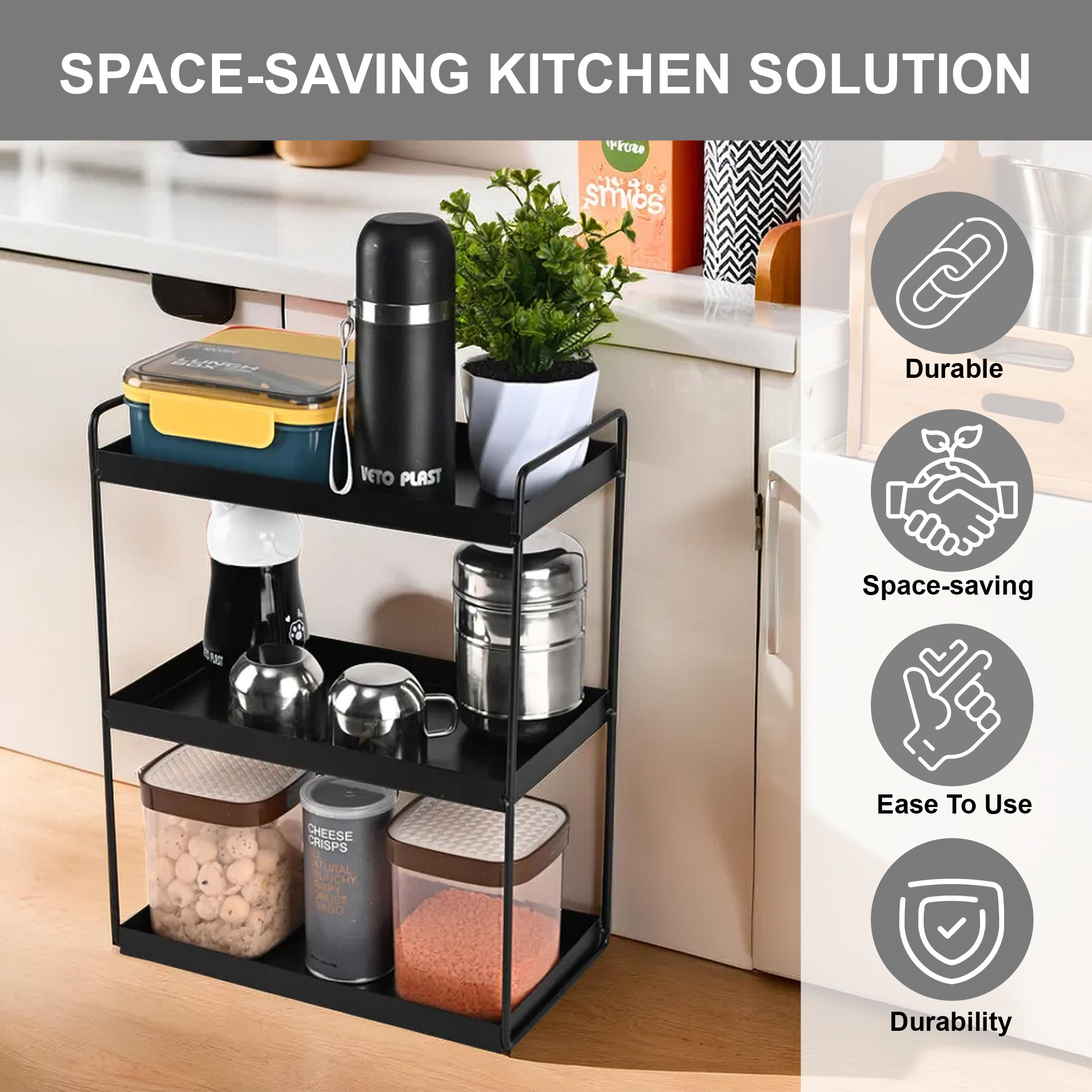 Kuber Industries 3-Layer Durable Kitchen Storage Rack for Spices  Space-Saving Multipurpose Onion  FruitVegetable Stand for Kitchen Home  Office  Black