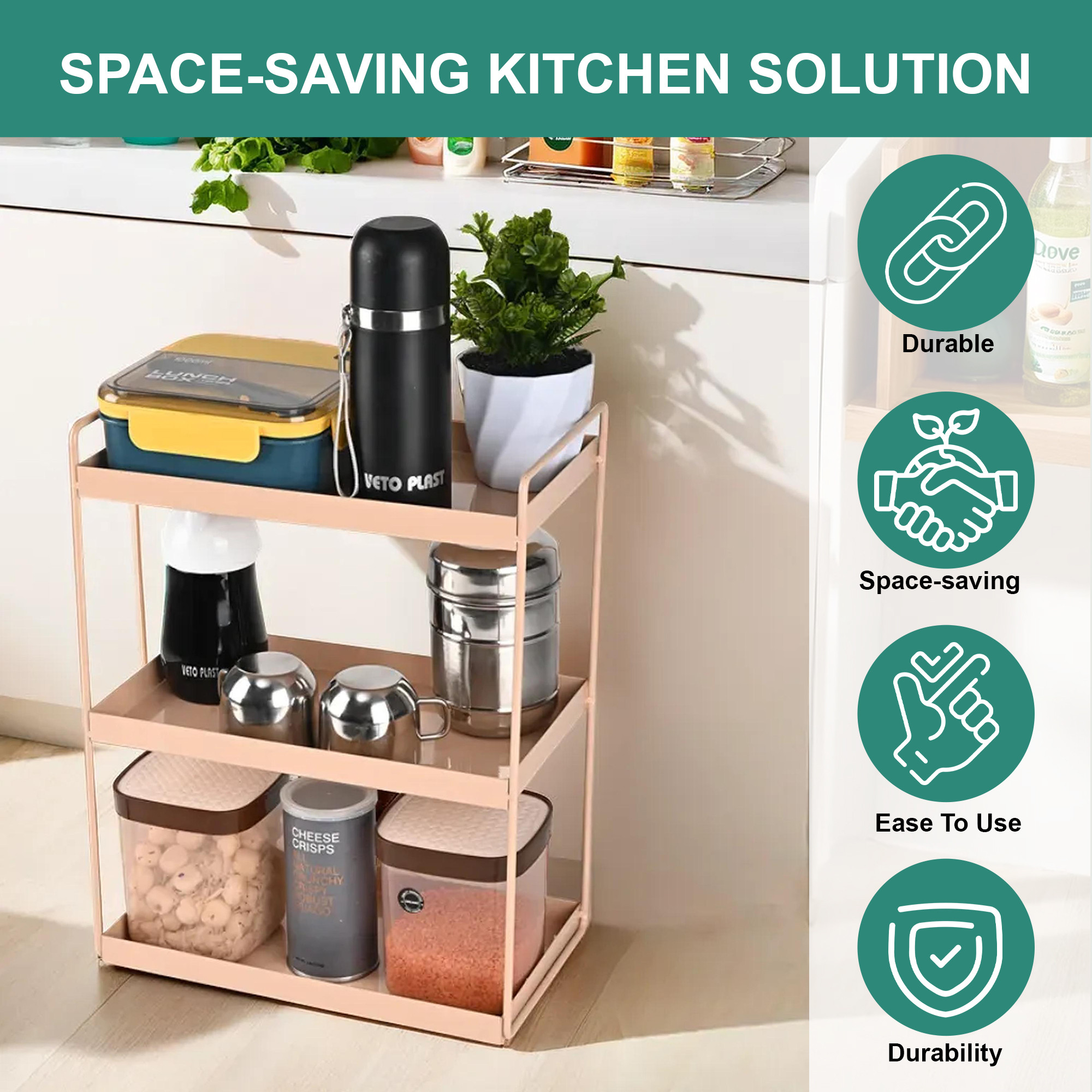 Kuber Industries 3-Layer Durable Kitchen Storage Rack for Spices  Space-Saving Multipurpose Onion  FruitVegetable Stand for Kitchen Home  Office  Peach