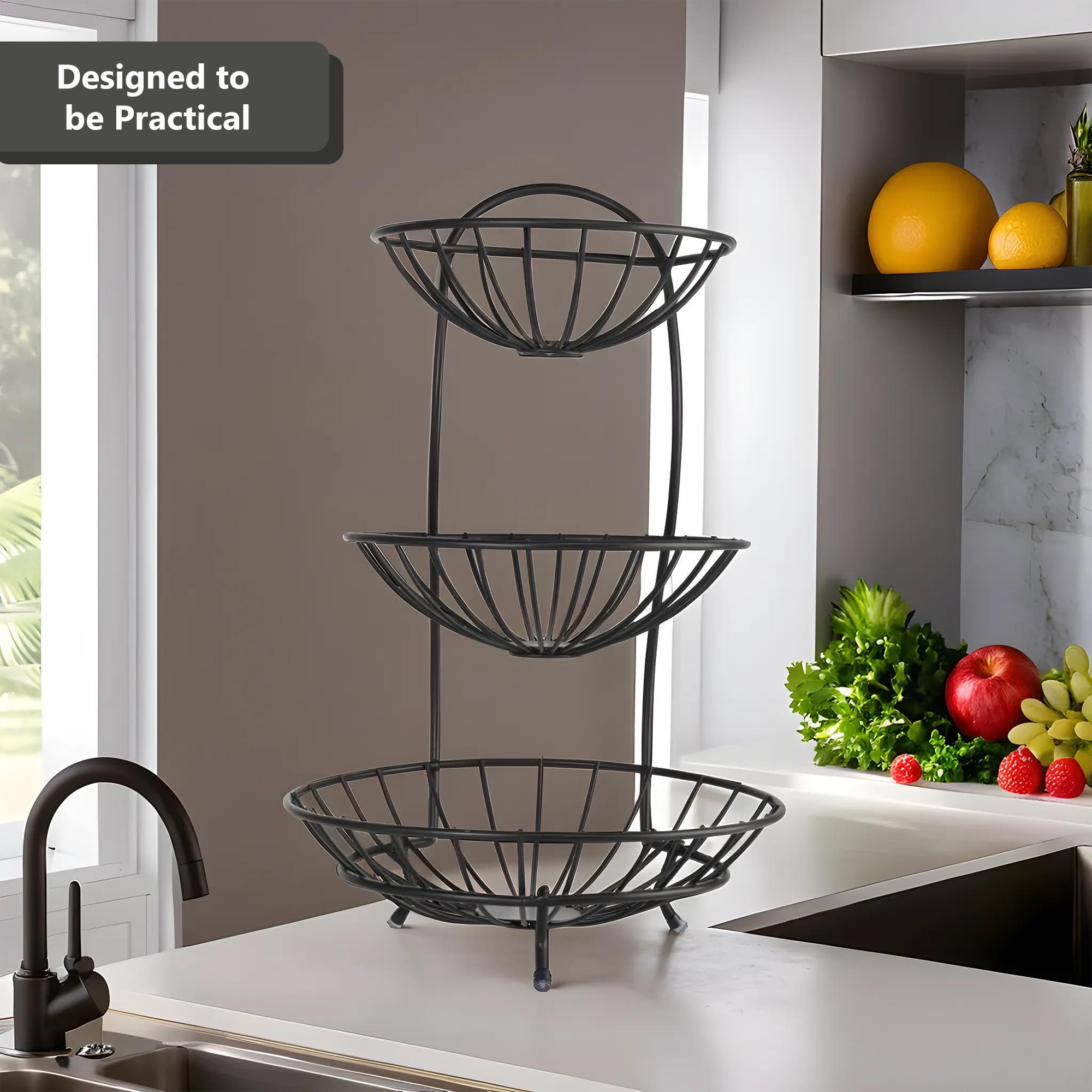 Kuber Industries 3-Layer Metal Fruit Basket for Dining Table - Vegetable  Banana Organizer Storage RackBowl for Kitchen - Black