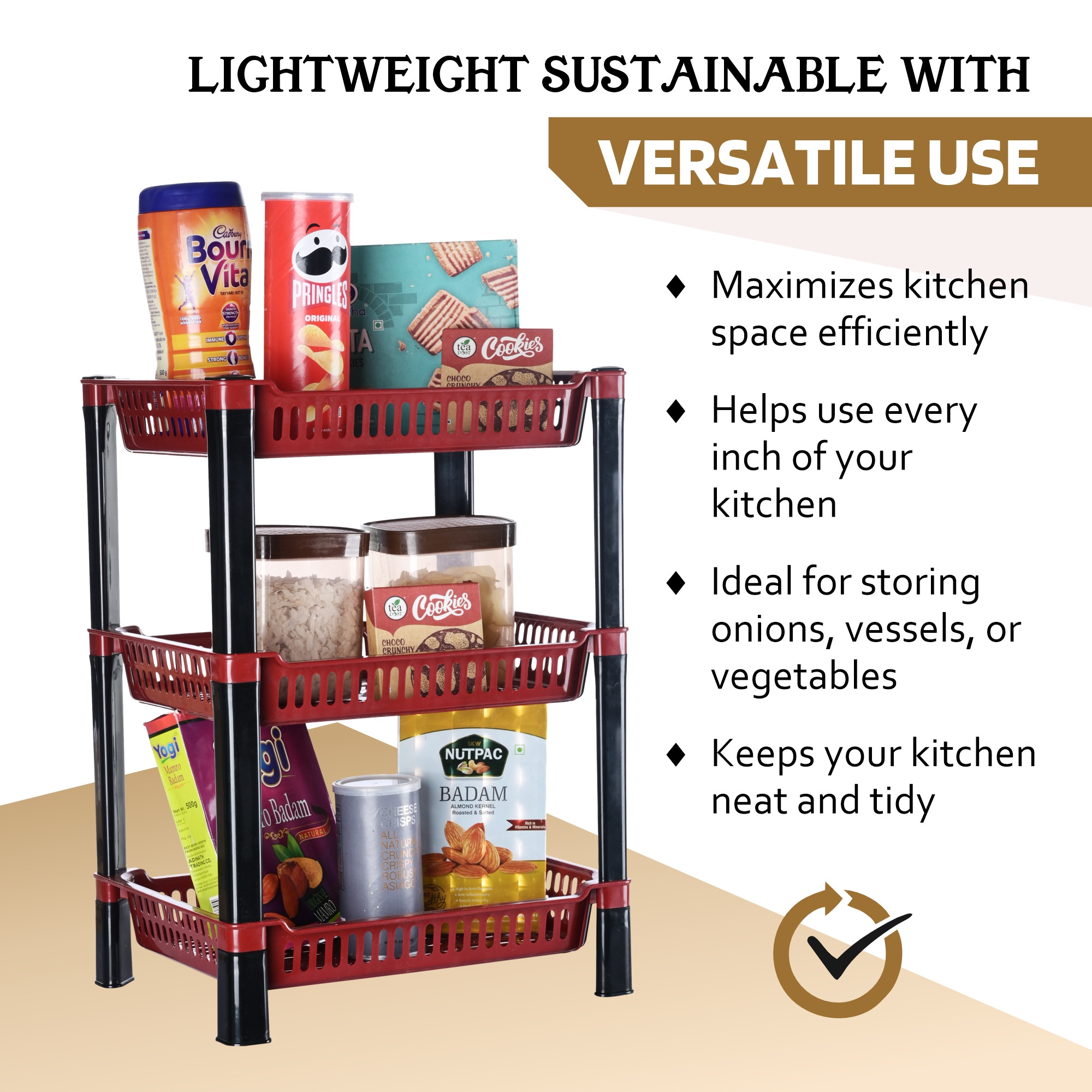 Kuber Industries 3-Layer Multipurpose Kitchen OrganizerStorage Rack  Onion Stand For Kitchen  Vessels  Vegetable Organiser  Maroon