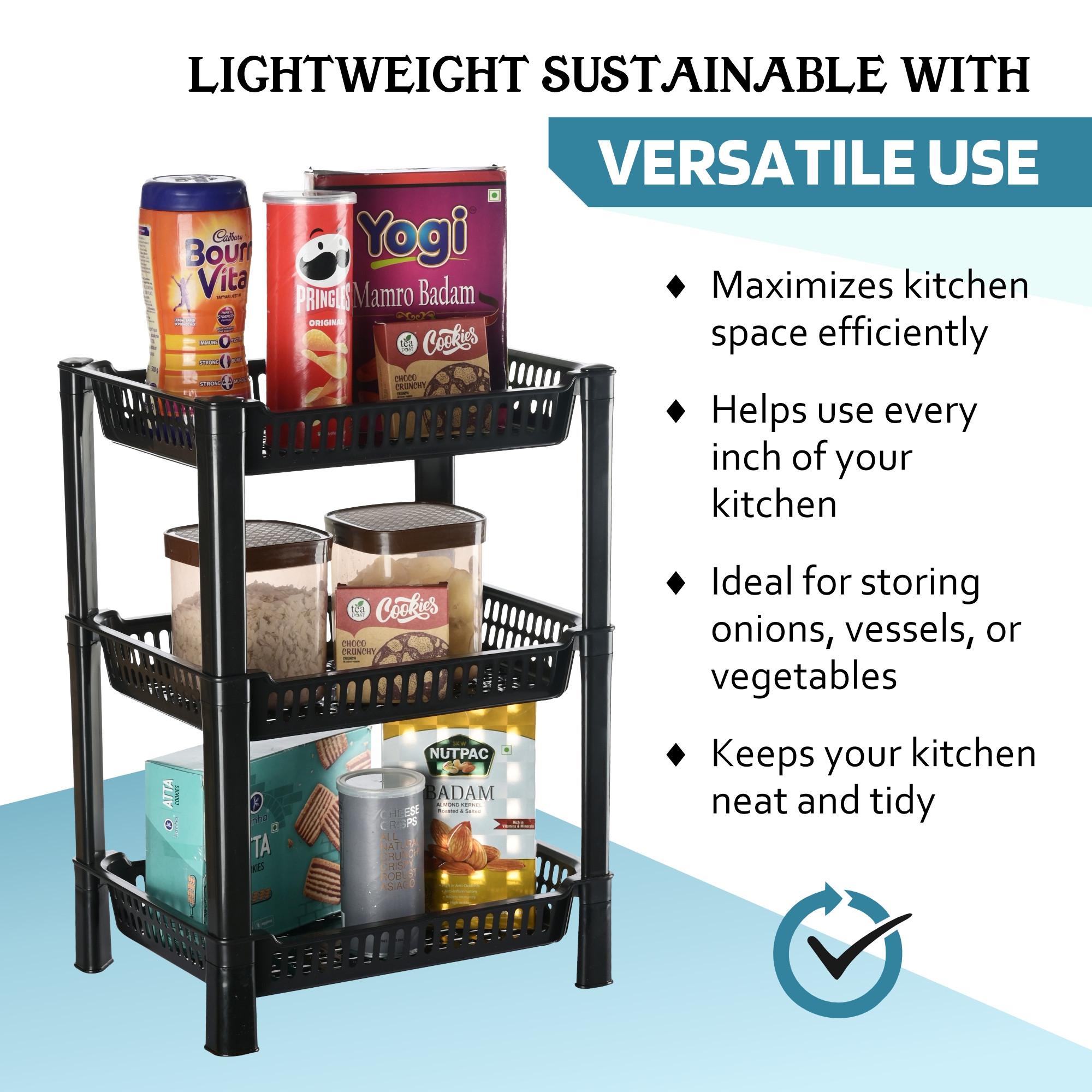 Kuber Industries 3-Layer Multipurpose Kitchen OrganizerStorage Rack  Onion Stand For Kitchen  Vessels  Vegetable Organiser  Black