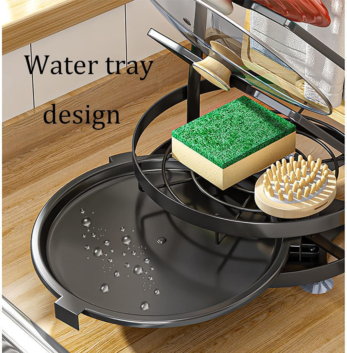 Kuber Industries 3 Layer Pot Lid Holder with Removable Drain Tray| Lid Stand Rack|Heavy Duty Standing Pot Lid Holder|Cooking Pot Lid Organizer|Spoon Rest Holder (Black)