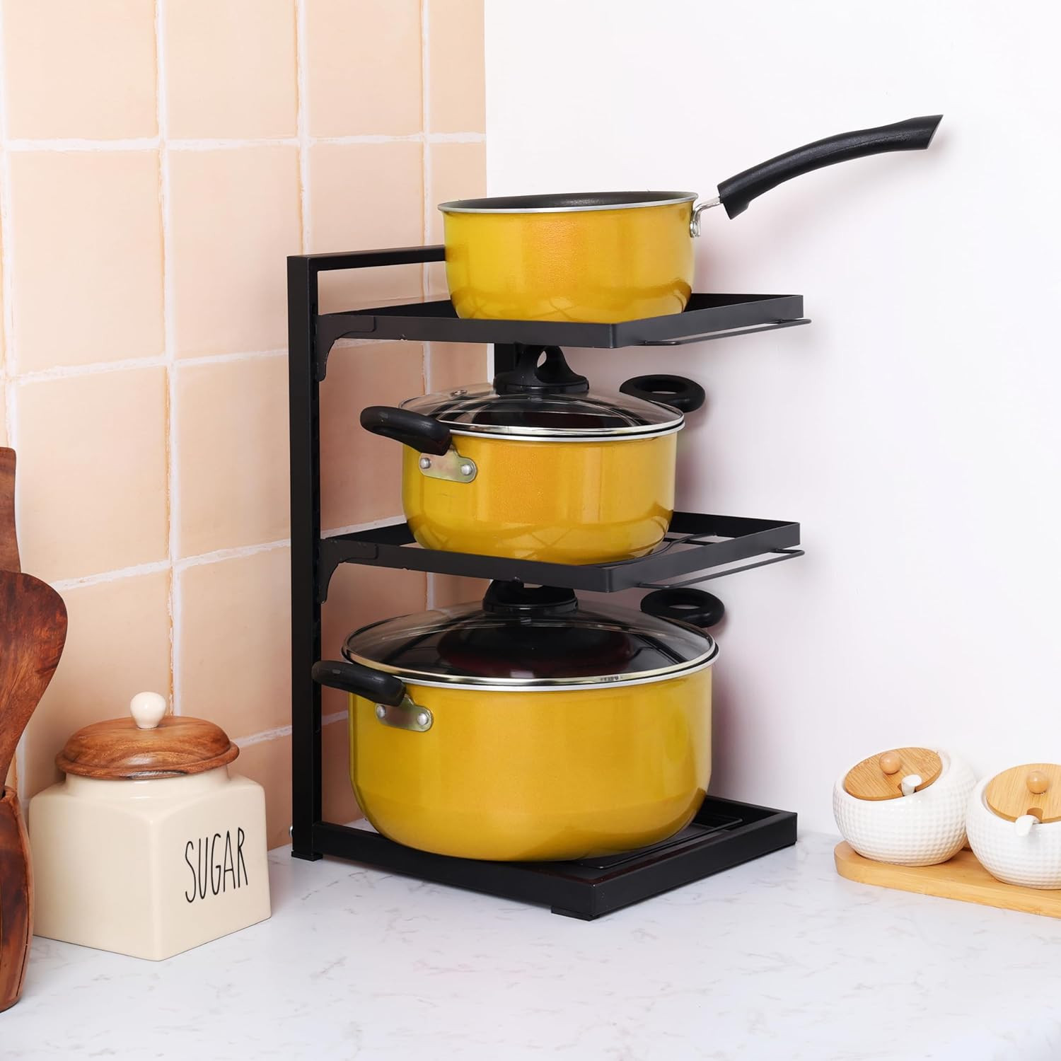 Kuber Industries 3-Layer Pots and Pans Organiser Rack|Kitchen Organization And Storage|Adjustable Pot Lid Holder Rack|Home Kitchen Accessories (Black)