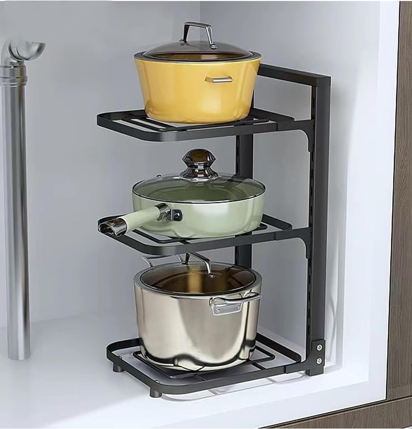 Kuber Industries 3-Layer Pots and Pans Organiser Rack|Kitchen Organization And Storage|Adjustable Pot Lid Holder Rack|Home Kitchen Accessories (Black)