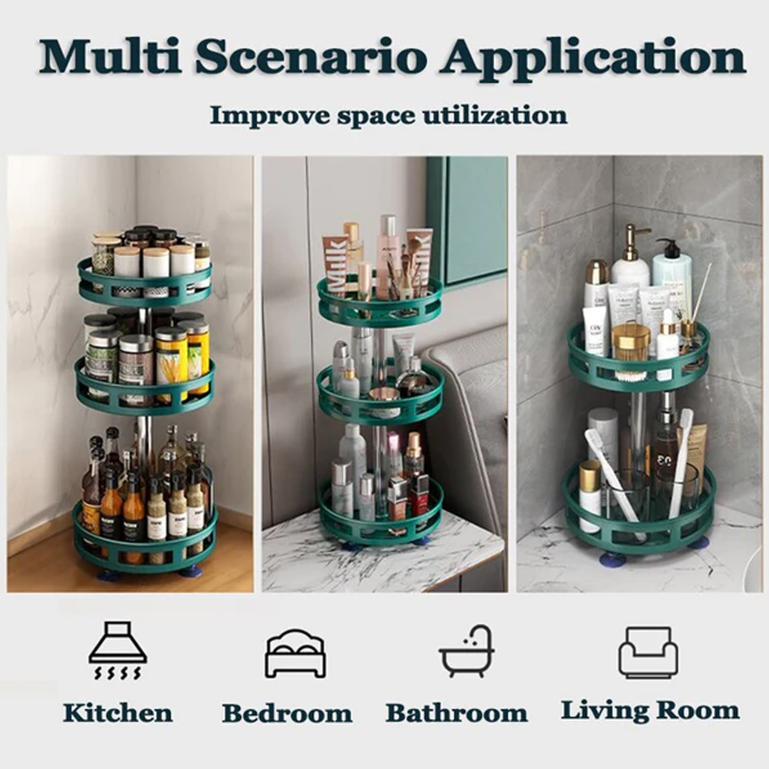 Kuber Industries 3-Layer Rotating Spice Rack|Circular Shelf for Cabinet Countertop|360-Degree Rotable Kitchen Trolley|Fruit Basket (Dark Green)