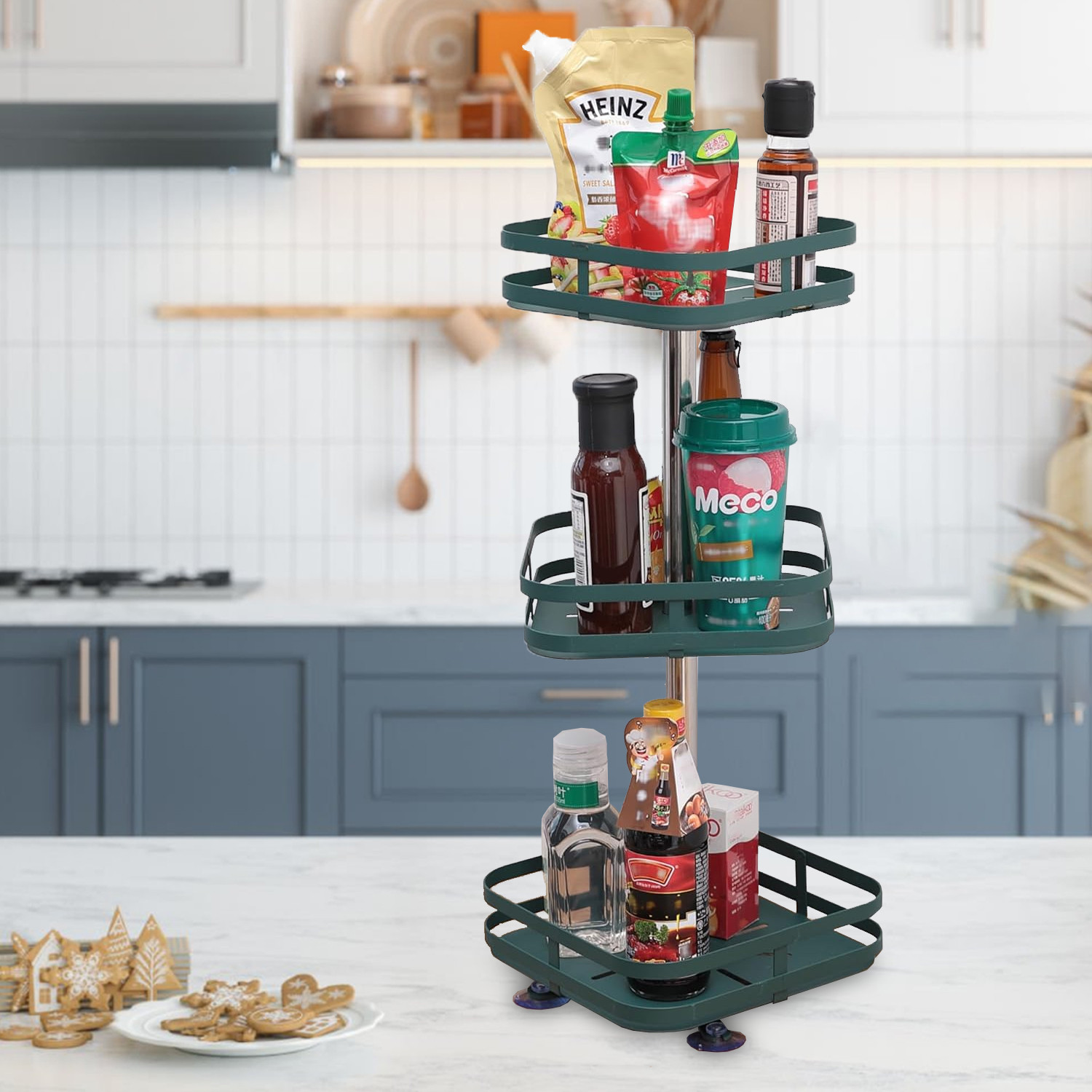 Kuber Industries 3-Layer Rotating Spice Rack|Square Shelf For Cabinet Countertop|360-Degree Rotable Kitchen Trolley|Fruit Basket (Dark Green)