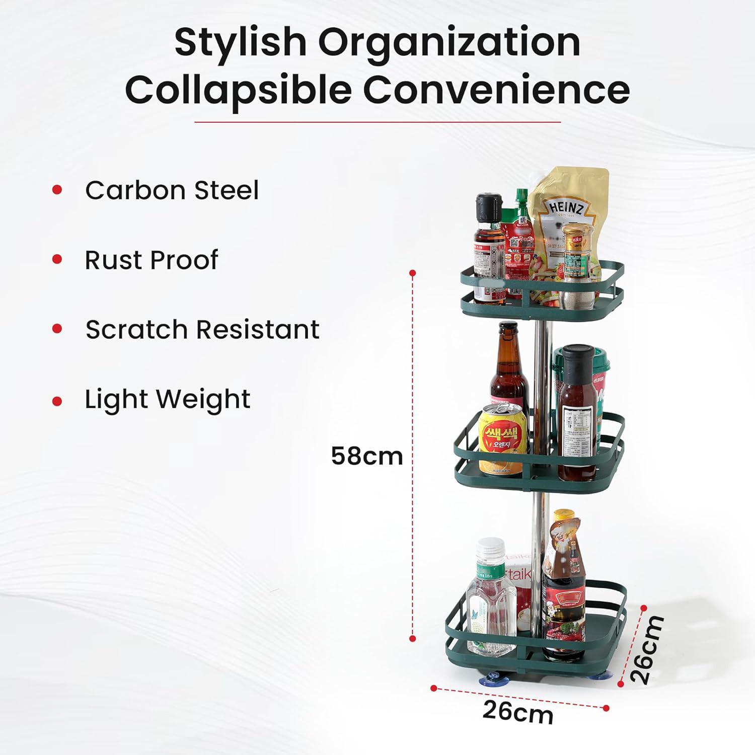 Kuber Industries 3-Layer Rotating Spice Rack|Square Shelf For Cabinet Countertop|360-Degree Rotable Kitchen Trolley|Fruit Basket (Dark Green)