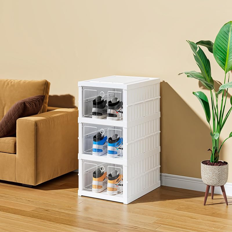 Kuber Industries 3 Layer Shoe Box for Storage|Multi-Purpose Plastic Shoe Rack|Installation Free Shoe Organizer|White|