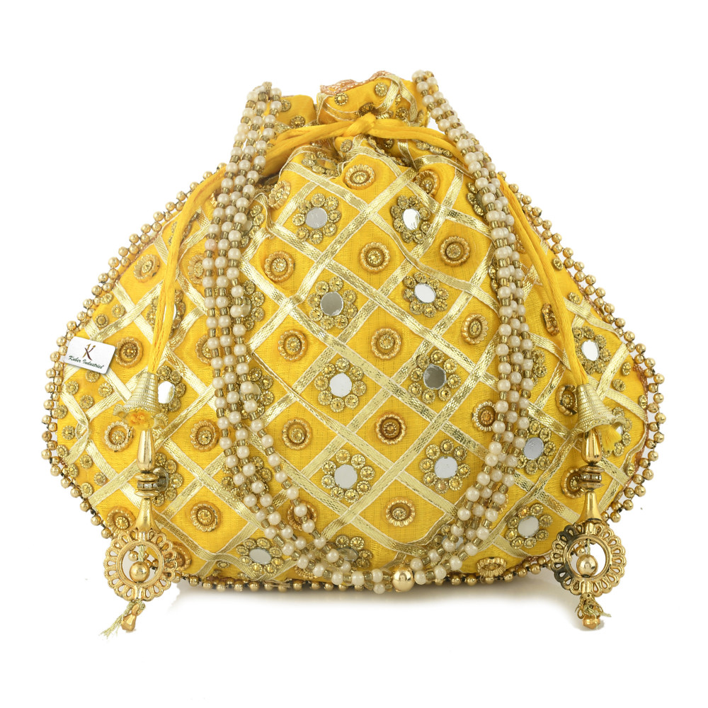 Kuber Industries 3-Layer Silk Traditional Mirror Work Clutch Potli Batwa Pouch Bag For Women/Girls (Gold)-KUBMRT11523