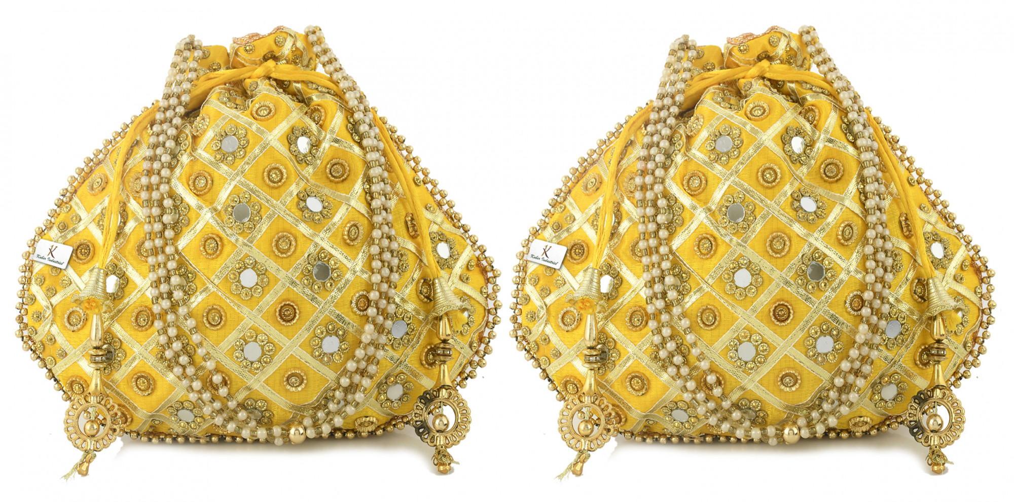 Kuber Industries 3-Layer Silk Traditional Mirror Work Clutch Potli Batwa Pouch Bag For Women/Girls (Gold)-KUBMRT11523