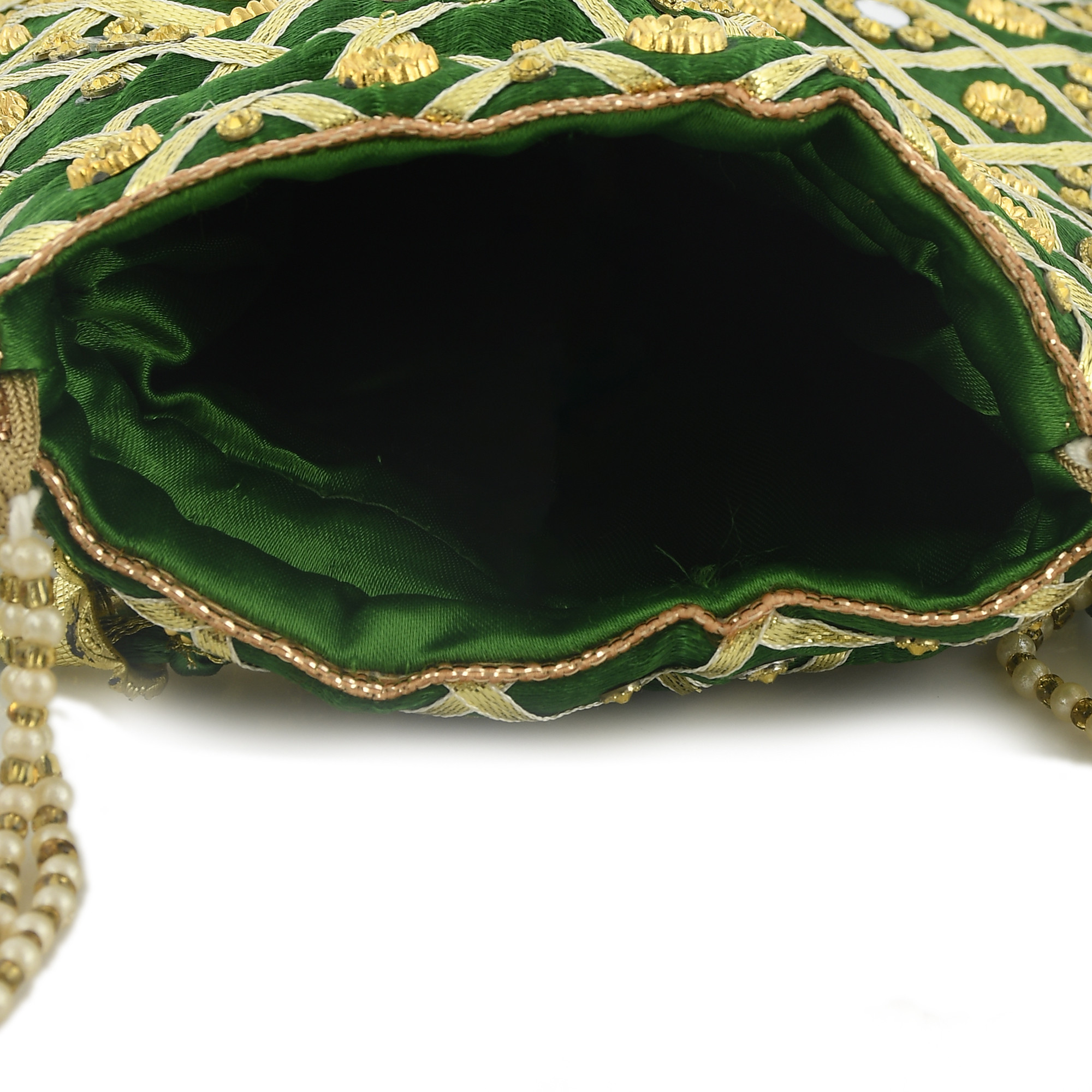 Kuber Industries 3-Layer Silk Traditional Mirror Work Clutch Potli Batwa Pouch Bag For Women/Girls (Green)-KUBMRT11519