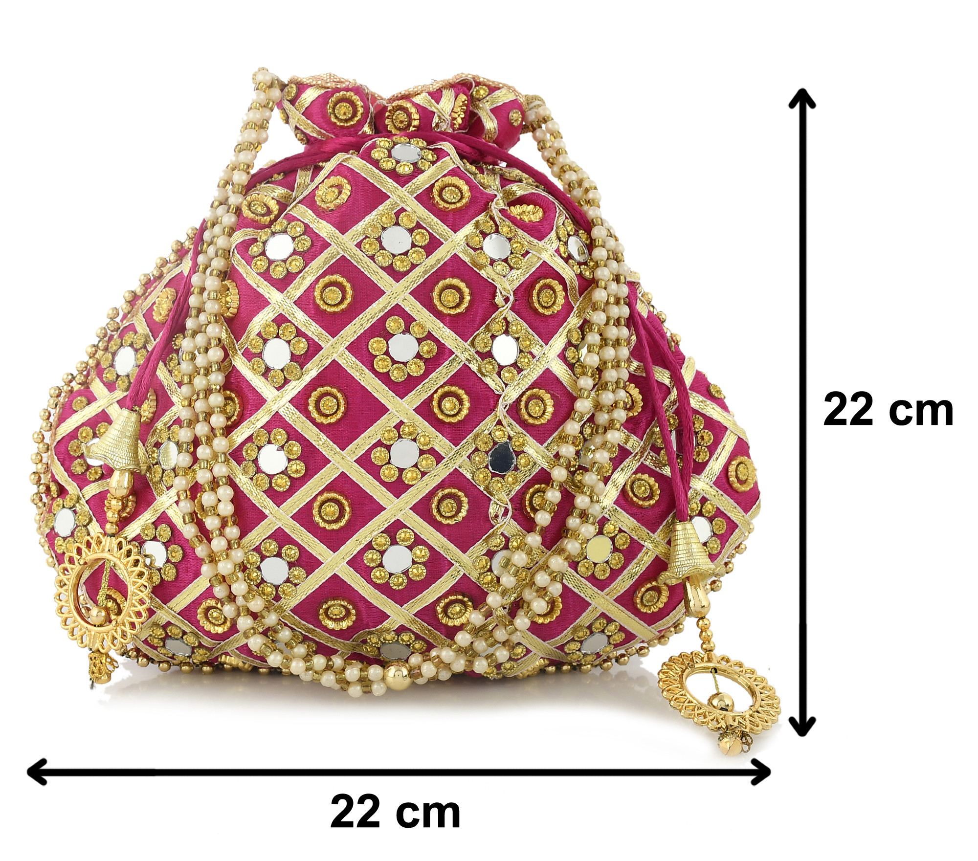 Kuber Industries 3-Layer Silk Traditional Mirror Work Clutch Potli Batwa Pouch Bag For Women/Girls (Pink)-KUBMRT11531