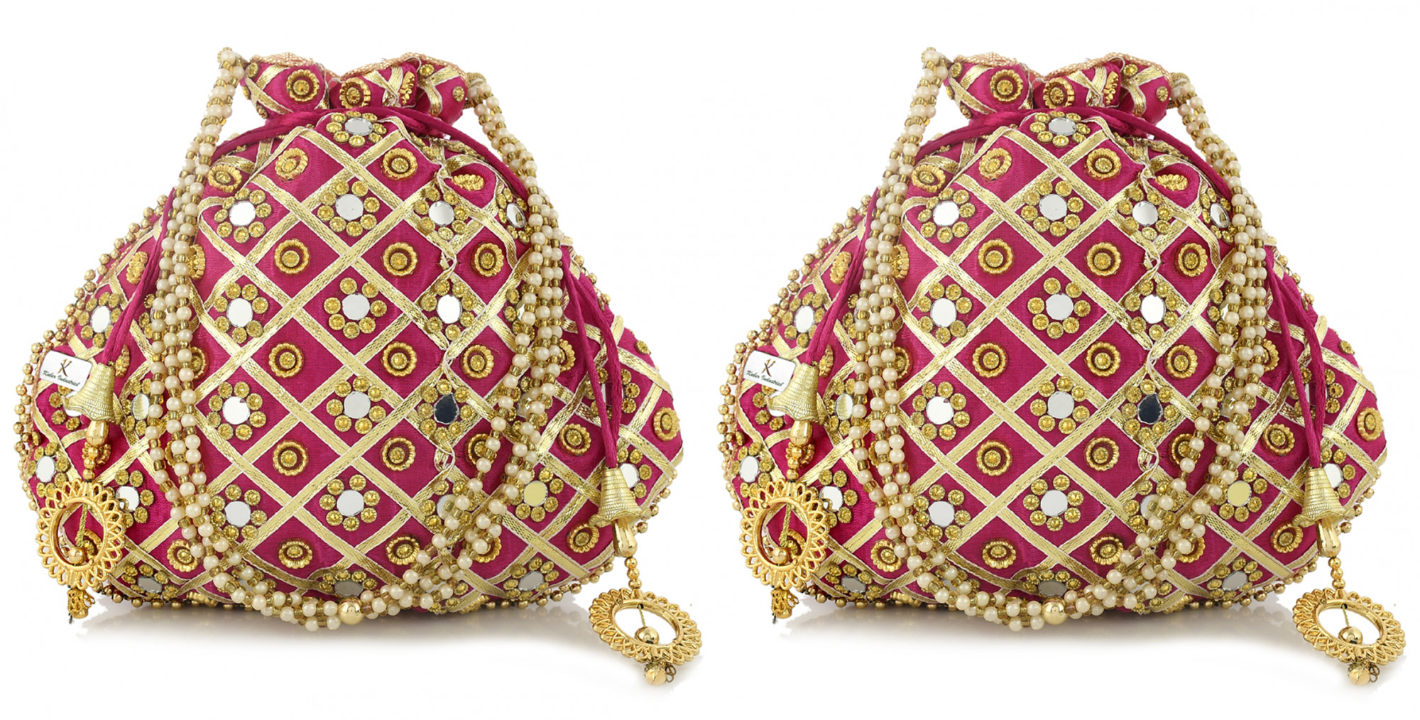 Kuber Industries 3-Layer Silk Traditional Mirror Work Clutch Potli Batwa Pouch Bag For Women/Girls (Pink)-KUBMRT11531