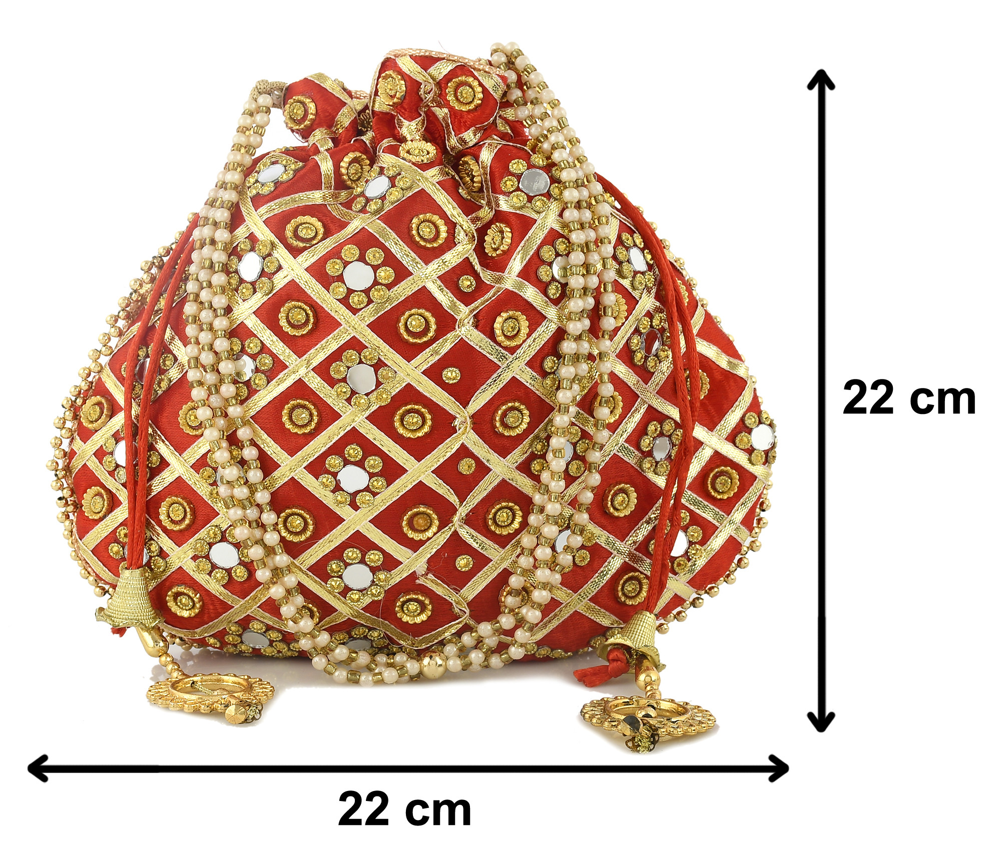 Kuber Industries 3-Layer Silk Traditional Mirror Work Clutch Potli Batwa Pouch Bag For Women/Girls (Red)-KUBMRT11527