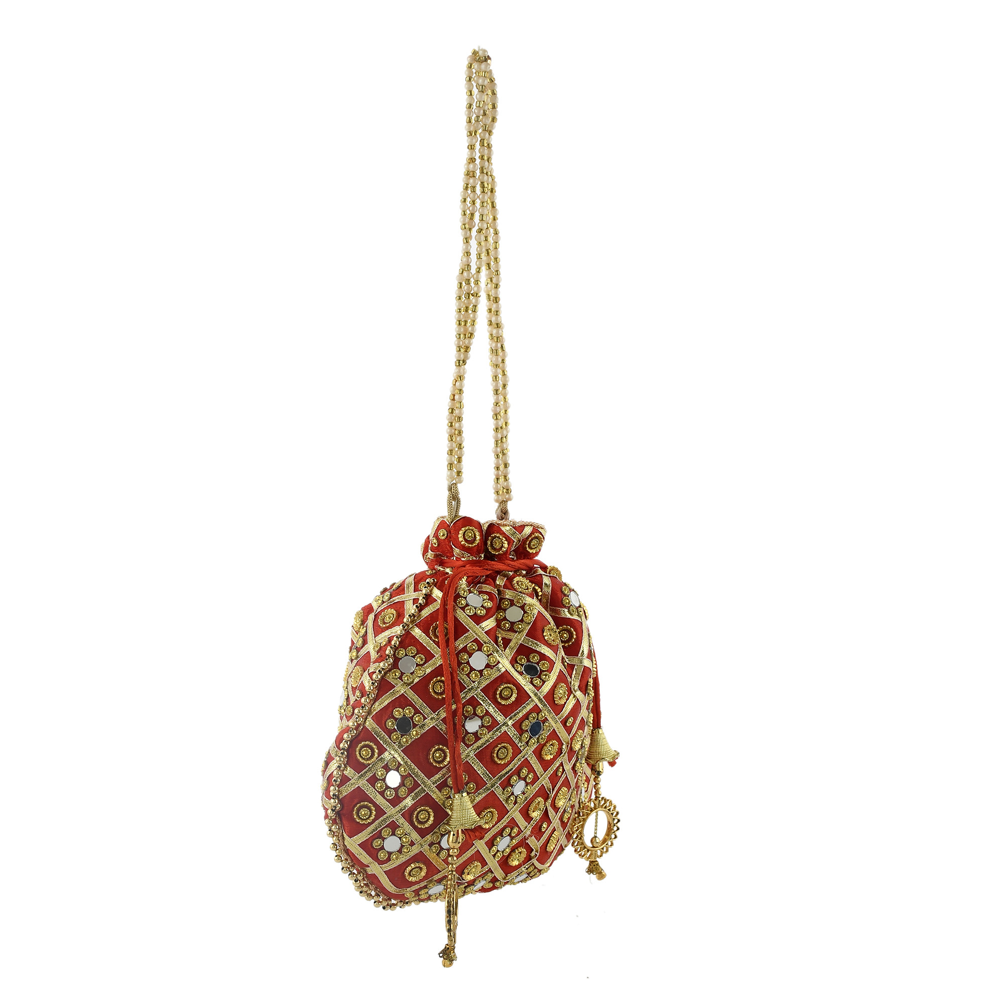 Kuber Industries 3-Layer Silk Traditional Mirror Work Clutch Potli Batwa Pouch Bag For Women/Girls (Red)-KUBMRT11527