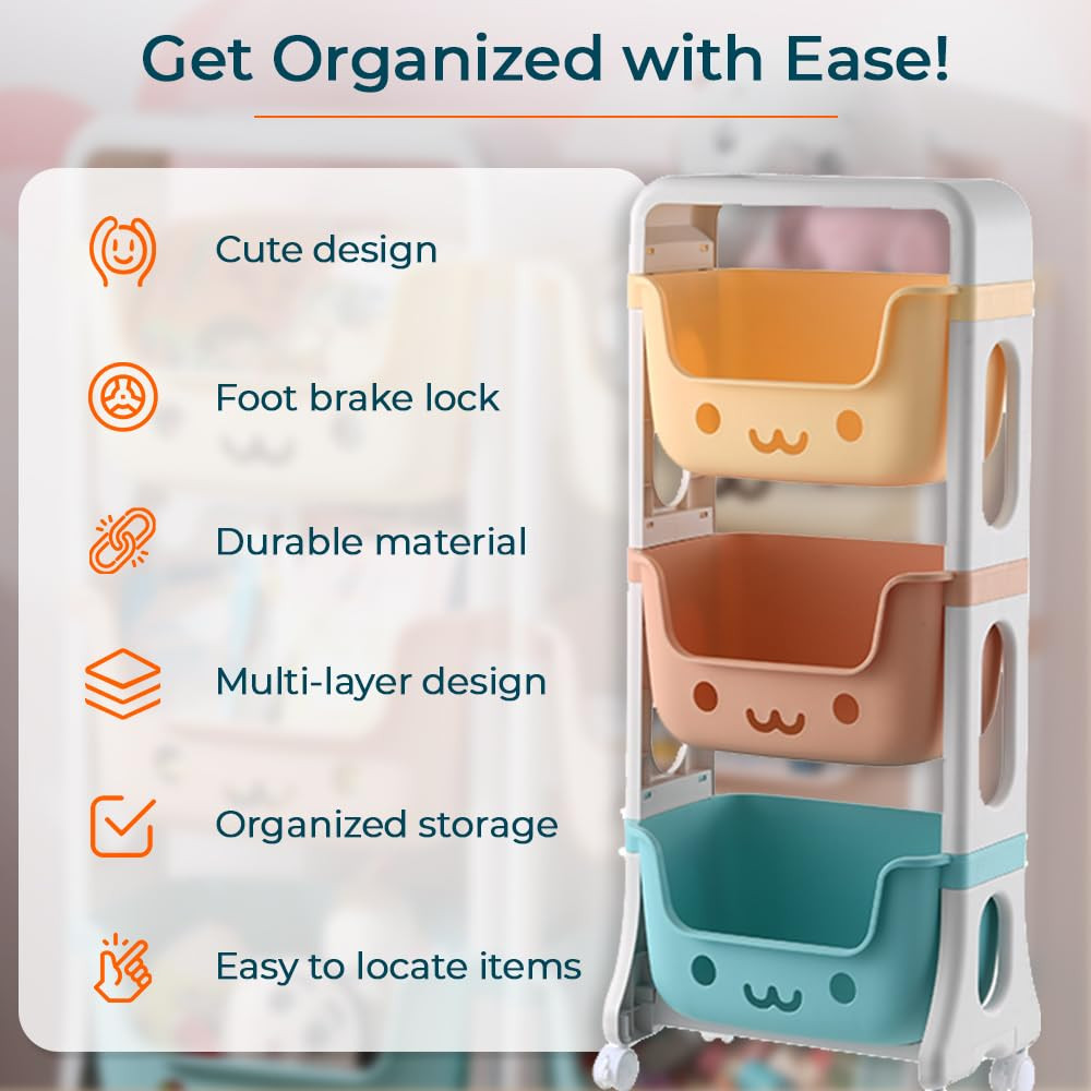 Kuber Industries 3 Layer Smiley Design Children's Storage Rack|Kids Toy Storage Organizer|3-Layer Rolling Cart|Multicolor|