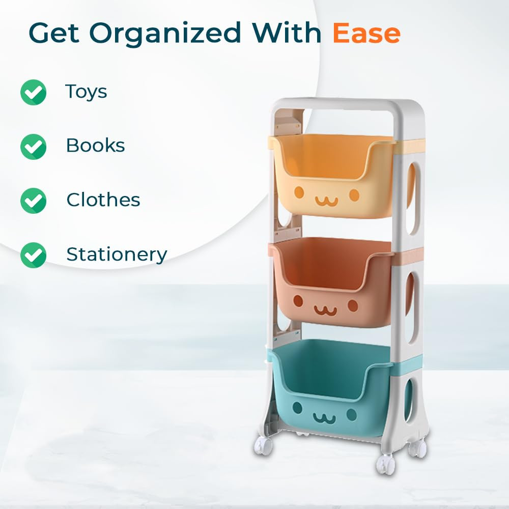 Kuber Industries 3 Layer Smiley Design Children's Storage Rack|Kids Toy Storage Organizer|3-Layer Rolling Cart|Multicolor|