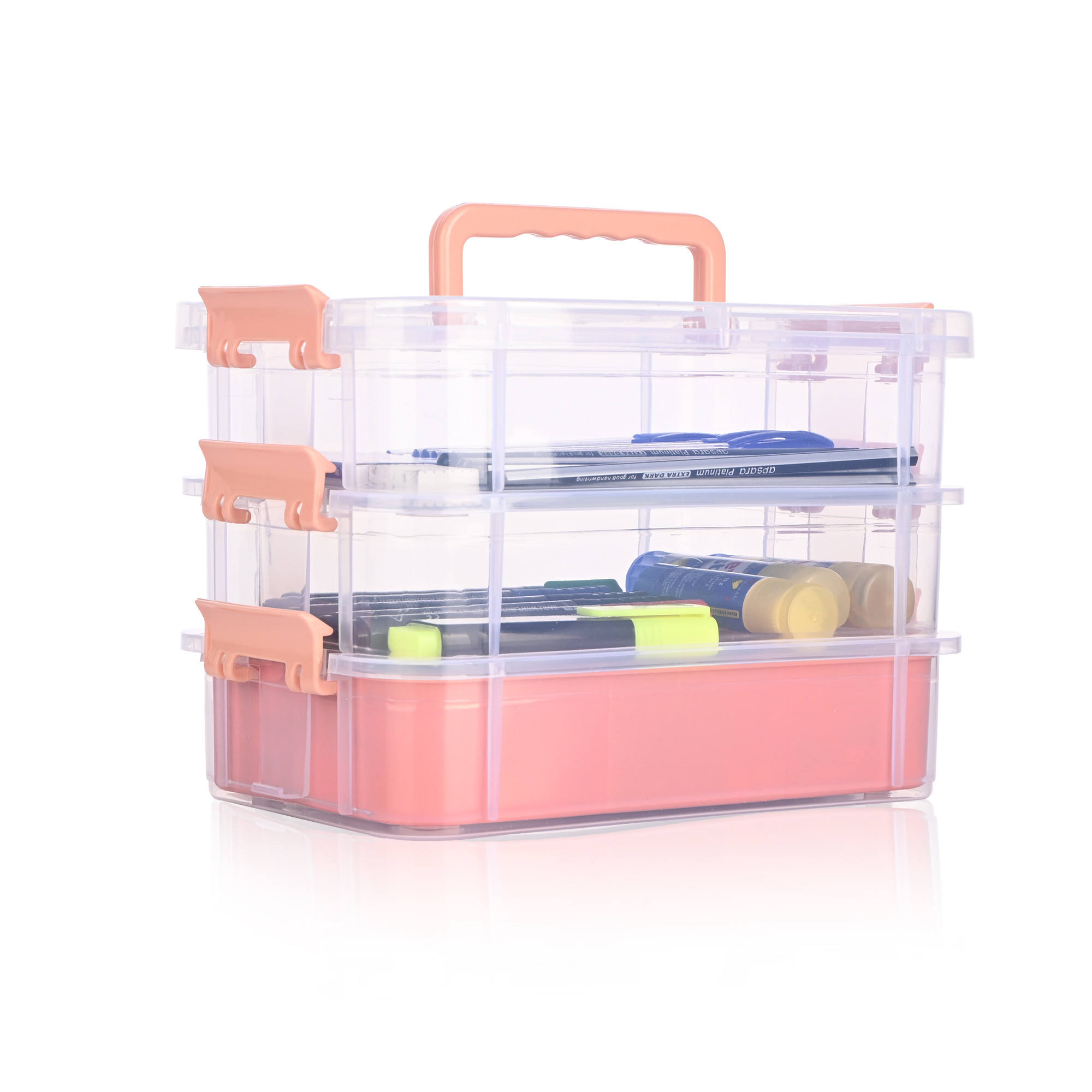 Kuber Industries 3-Layer Transparent Stackable Storage Box with Lid  Medicine  Stationary Organizers Box for Home  Detachable Organizer for Jewellery Sewing Button Arts  Crafts  Peach