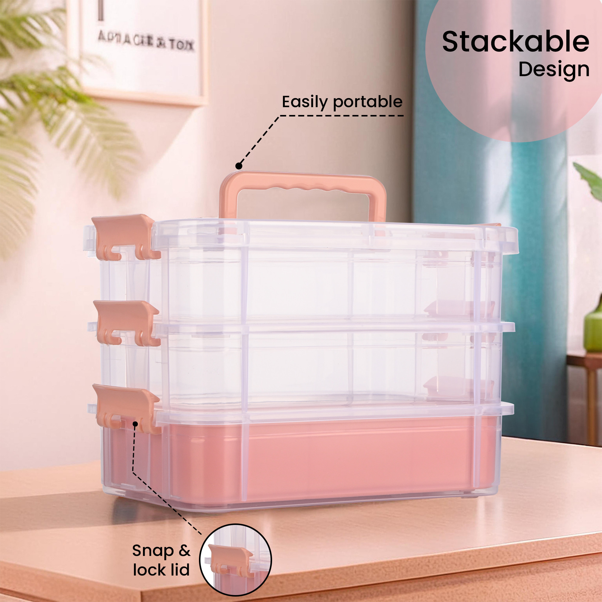 Kuber Industries 3-Layer Transparent Stackable Storage Box with Lid  Medicine  Stationary Organizers Box for Home  Detachable Organizer for Jewellery Sewing Button Arts  Crafts  Peach