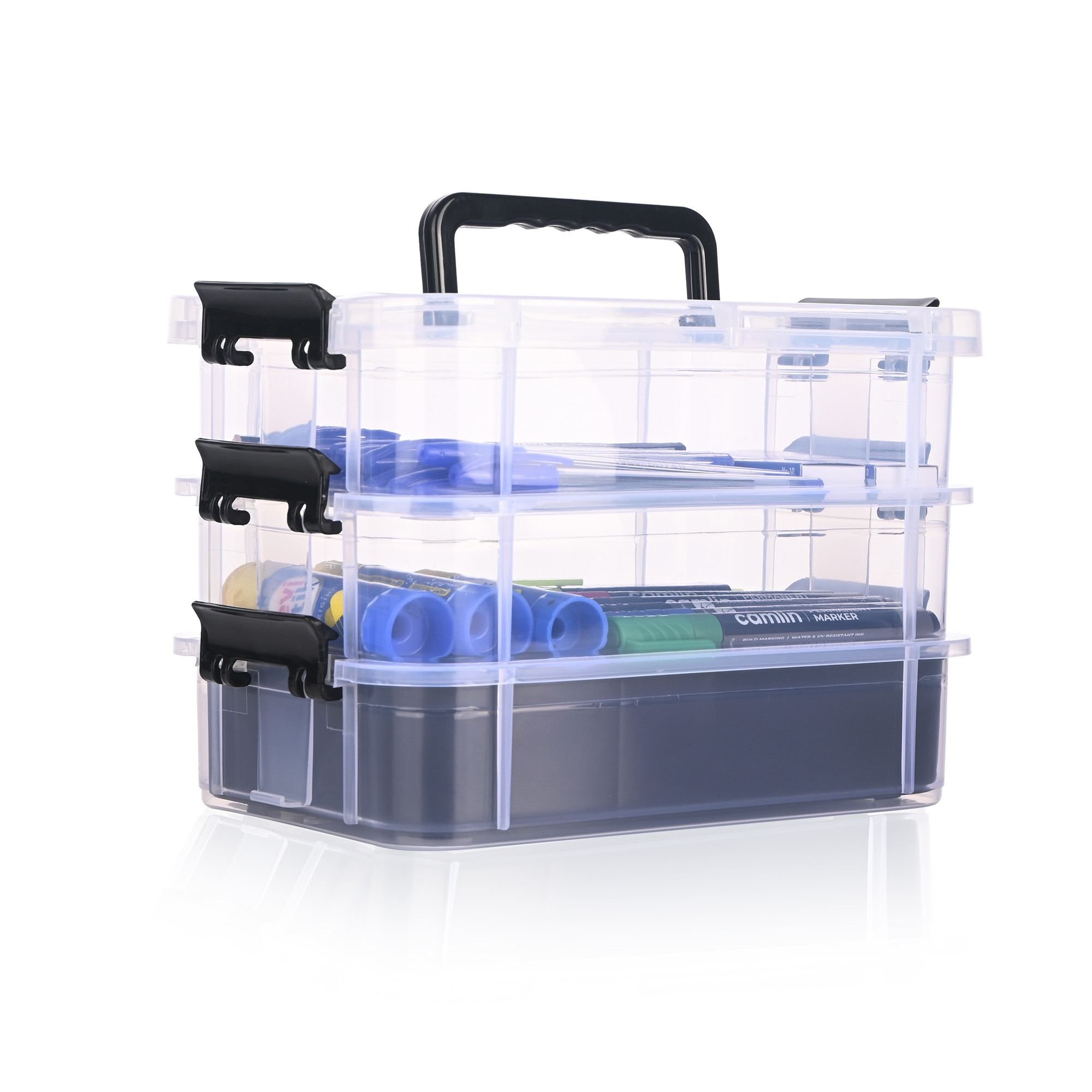 Kuber Industries 3-Layer Transparent Stackable Storage Box with Lid  Medicine  Stationary Organizers Box for Home  Detachable Organizer for Jewellery Sewing Button Arts  Crafts  Black