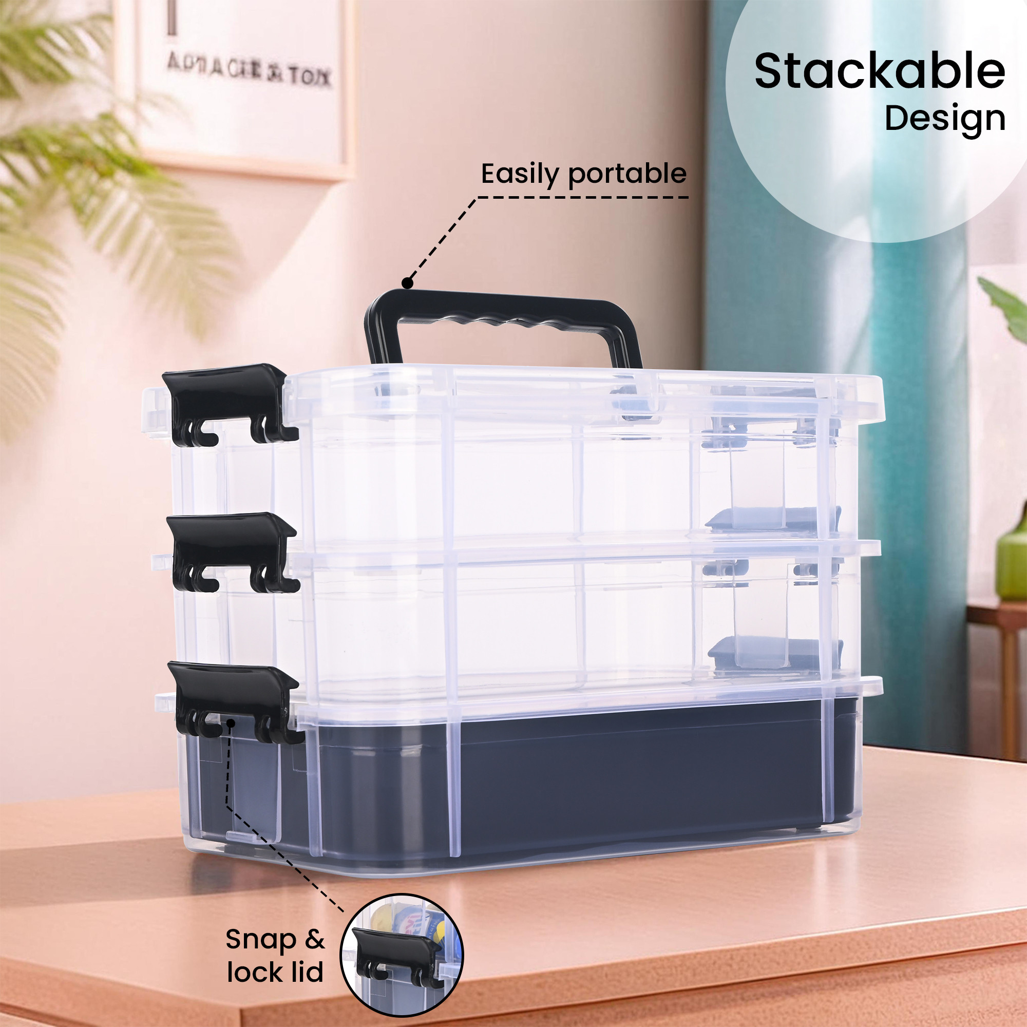 Kuber Industries 3-Layer Transparent Stackable Storage Box with Lid  Medicine  Stationary Organizers Box for Home  Detachable Organizer for Jewellery Sewing Button Arts  Crafts  Black
