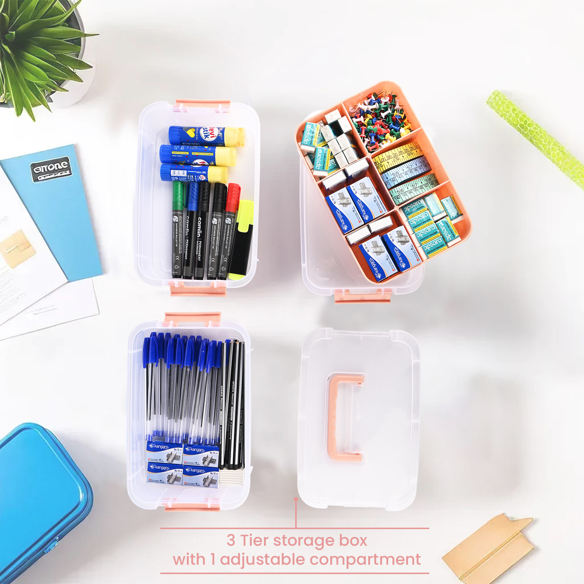 Kuber Industries 3-Layer Transparent Stackable Storage Box with Lid  Medicine  Stationary Organizers Box for Home  Detachable Organizer for Jewellery Sewing Button Arts  Crafts  Peach