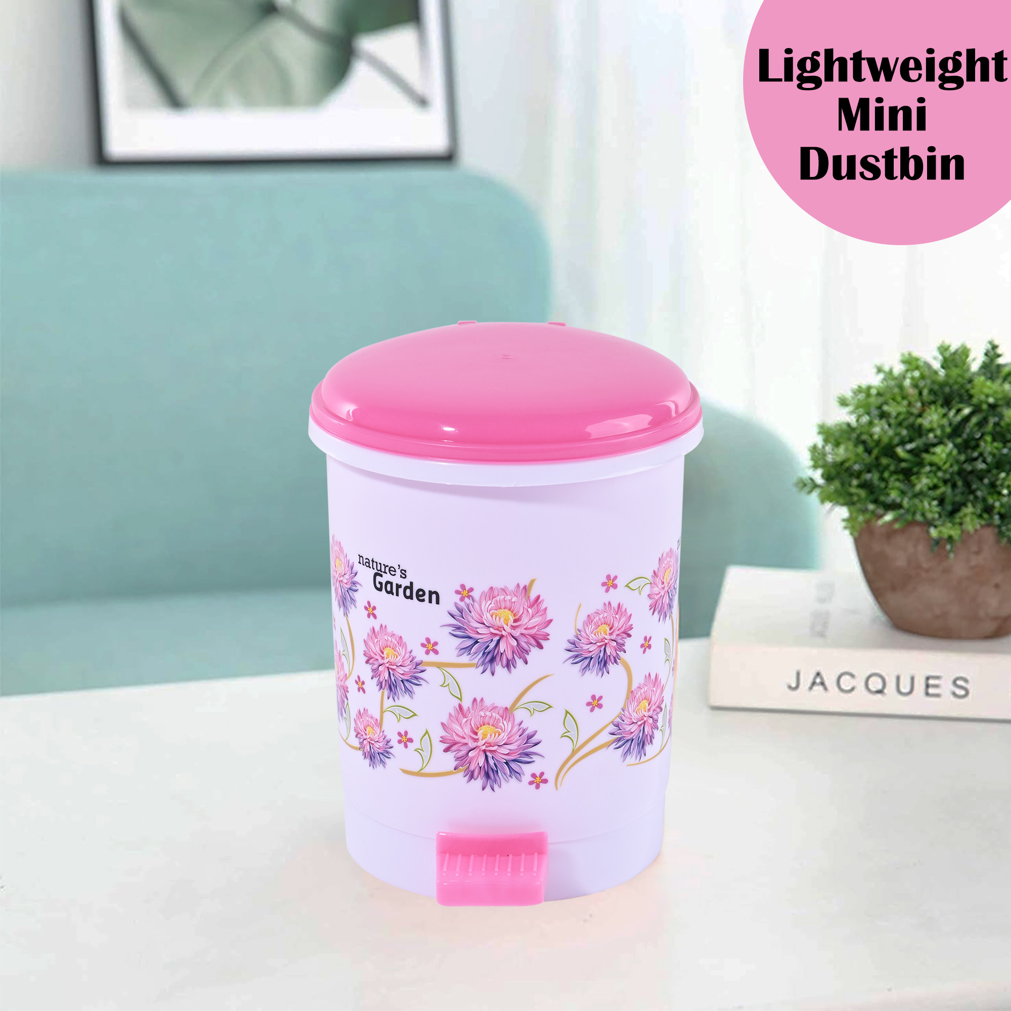 Kuber Industries 3-Liters Mini Dustbin for Kitchen Waste  Bathroom  Dry or Wet Garbage Holder  Small Size Dustbin for Bedroom  Study Table  Desk Pedal Bin with Lid  Floral Pink