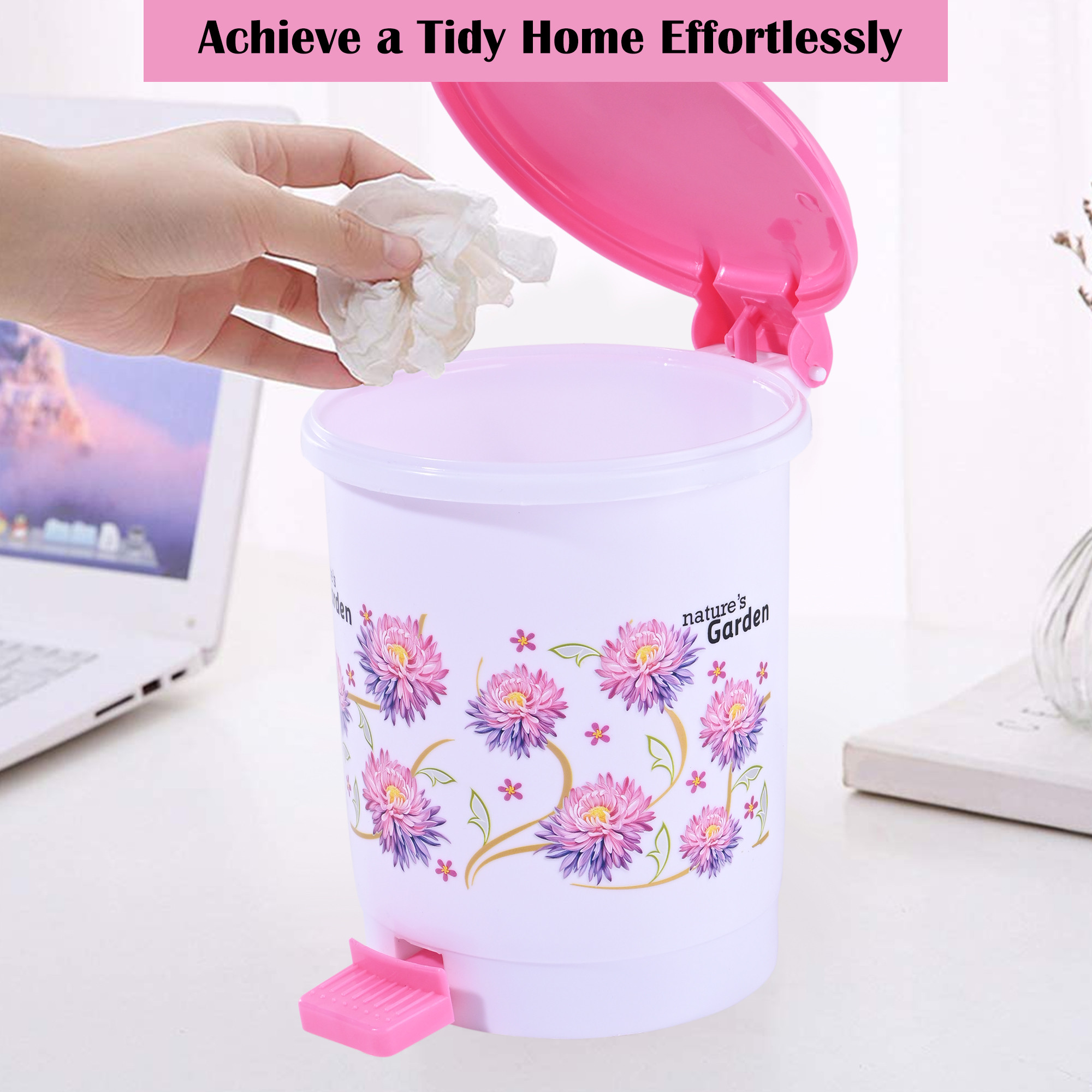 Kuber Industries 3-Liters Mini Dustbin for Kitchen Waste  Bathroom  Dry or Wet Garbage Holder  Small Size Dustbin for Bedroom  Study Table  Desk Pedal Bin with Lid  Floral Pink