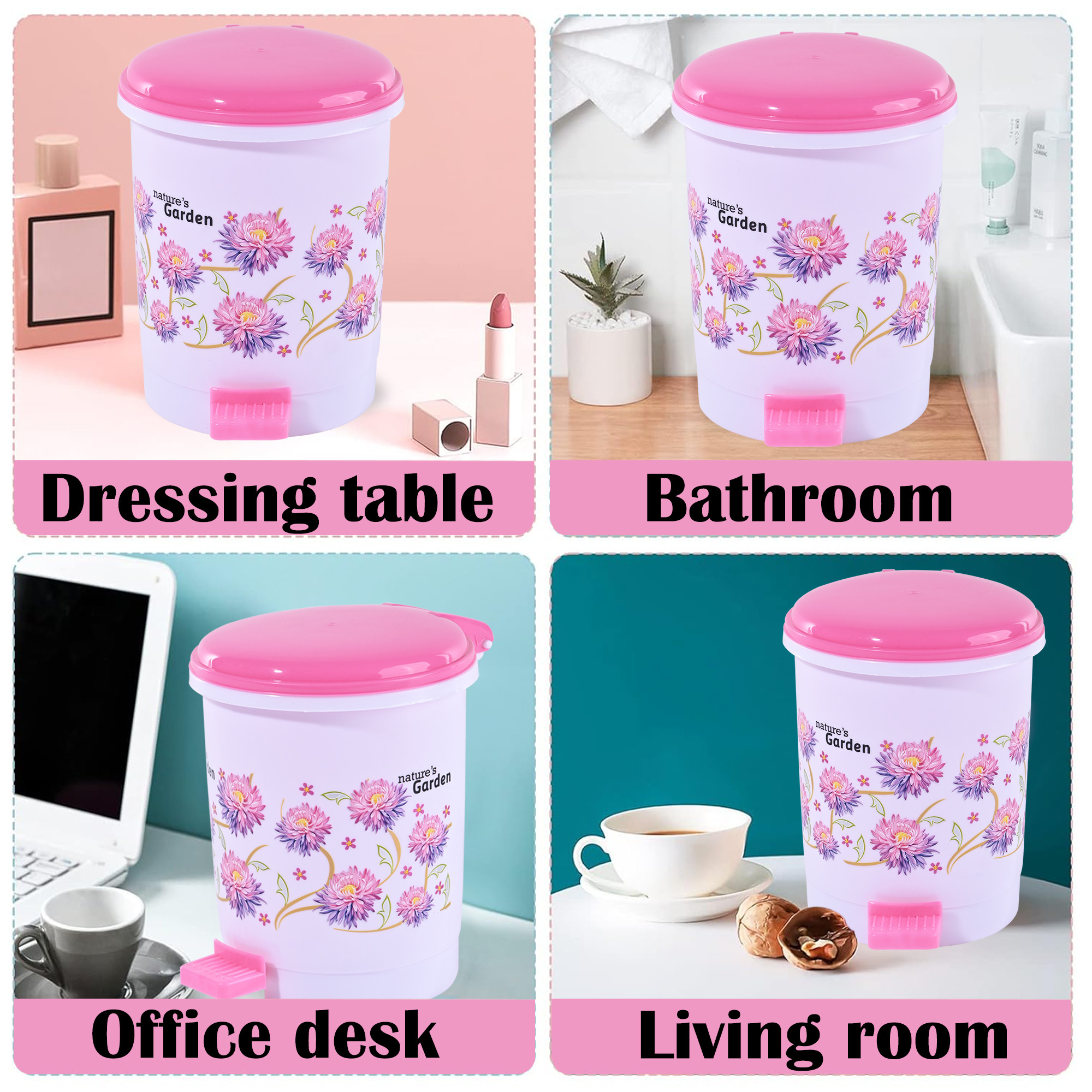 Kuber Industries 3-Liters Mini Dustbin for Kitchen Waste  Bathroom  Dry or Wet Garbage Holder  Small Size Dustbin for Bedroom  Study Table  Desk Pedal Bin with Lid  Floral Pink