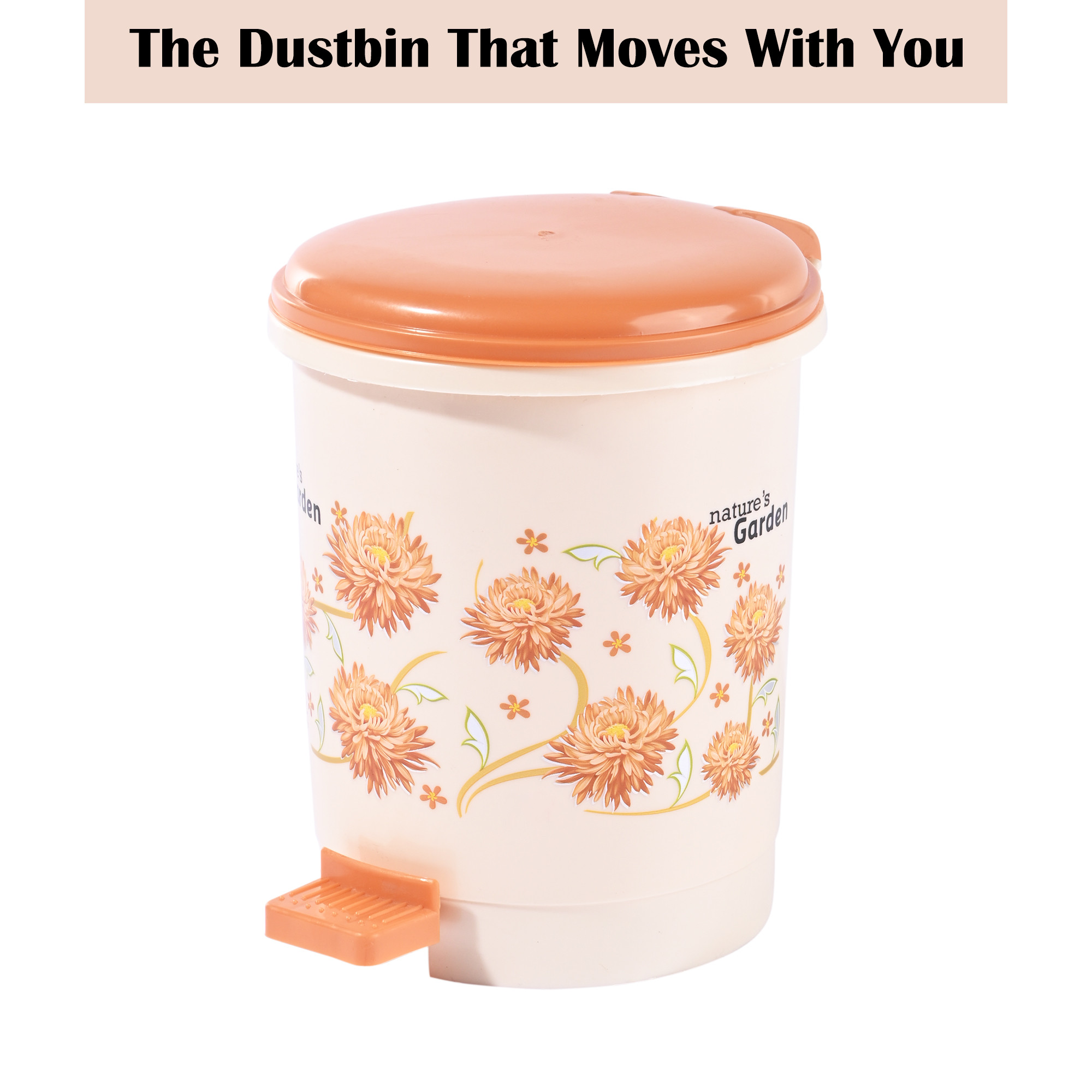 Kuber Industries 3-Liters Mini Dustbin for Kitchen Waste  Bathroom  Dry or Wet Garbage Holder  Small Size Dustbin for Bedroom  Study Table  Desk Pedal Bin with Lid  Floral Orange