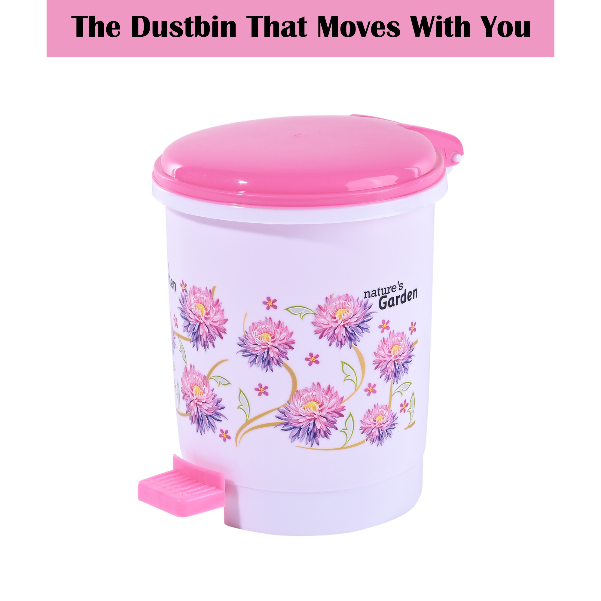 Kuber Industries 3-Liters Mini Dustbin for Kitchen Waste  Bathroom  Dry or Wet Garbage Holder  Small Size Dustbin for Bedroom  Study Table  Desk Pedal Bin with Lid  Floral Pink