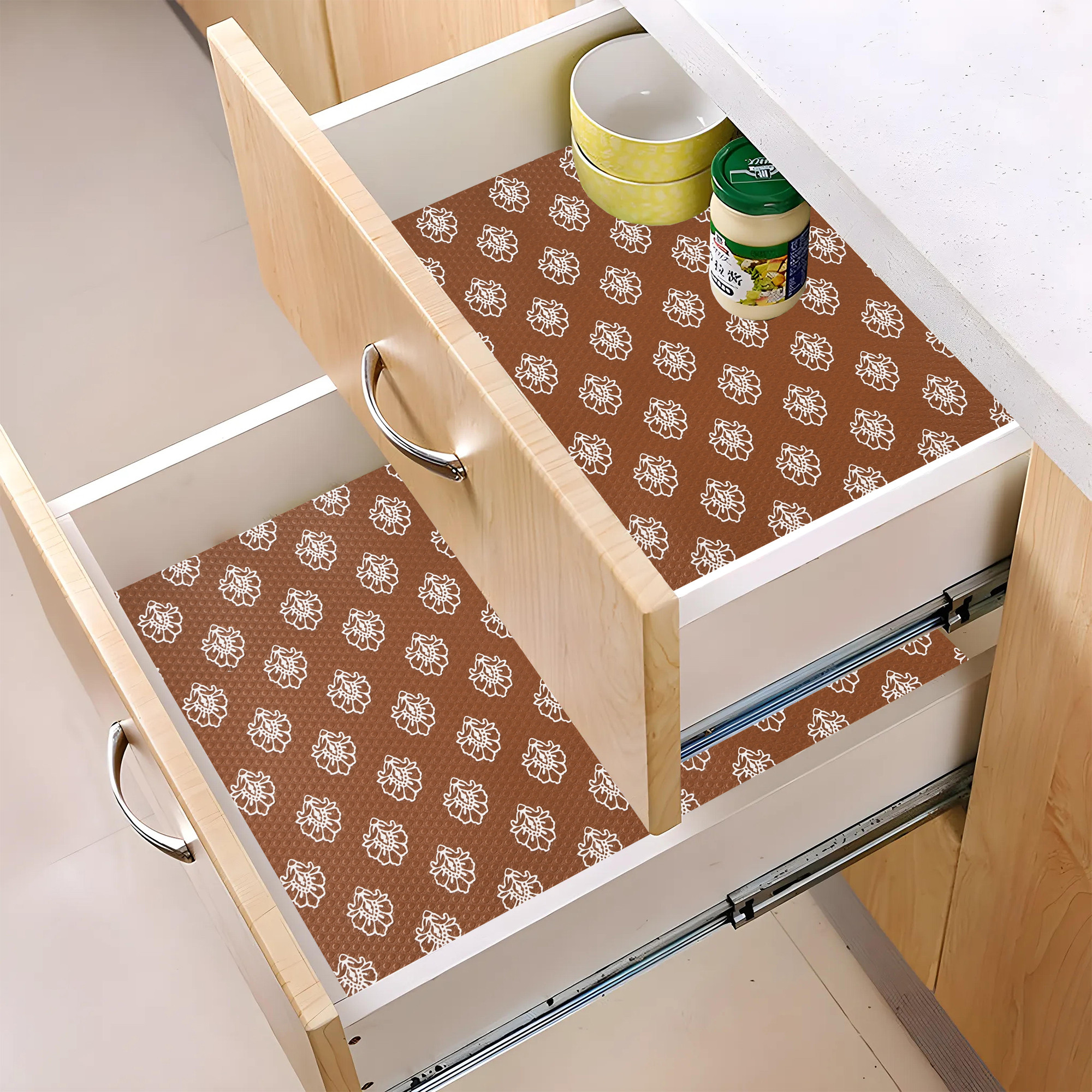 Kuber Industries 3 Meter EVA Anti Slip Kitchen Shelf Mats Roll  Shelf Liners for Kitchen Shelves  Fridge  Multipurpose Cupboard Sheets for Wardrobes  Drawers  Flower S3- Brown