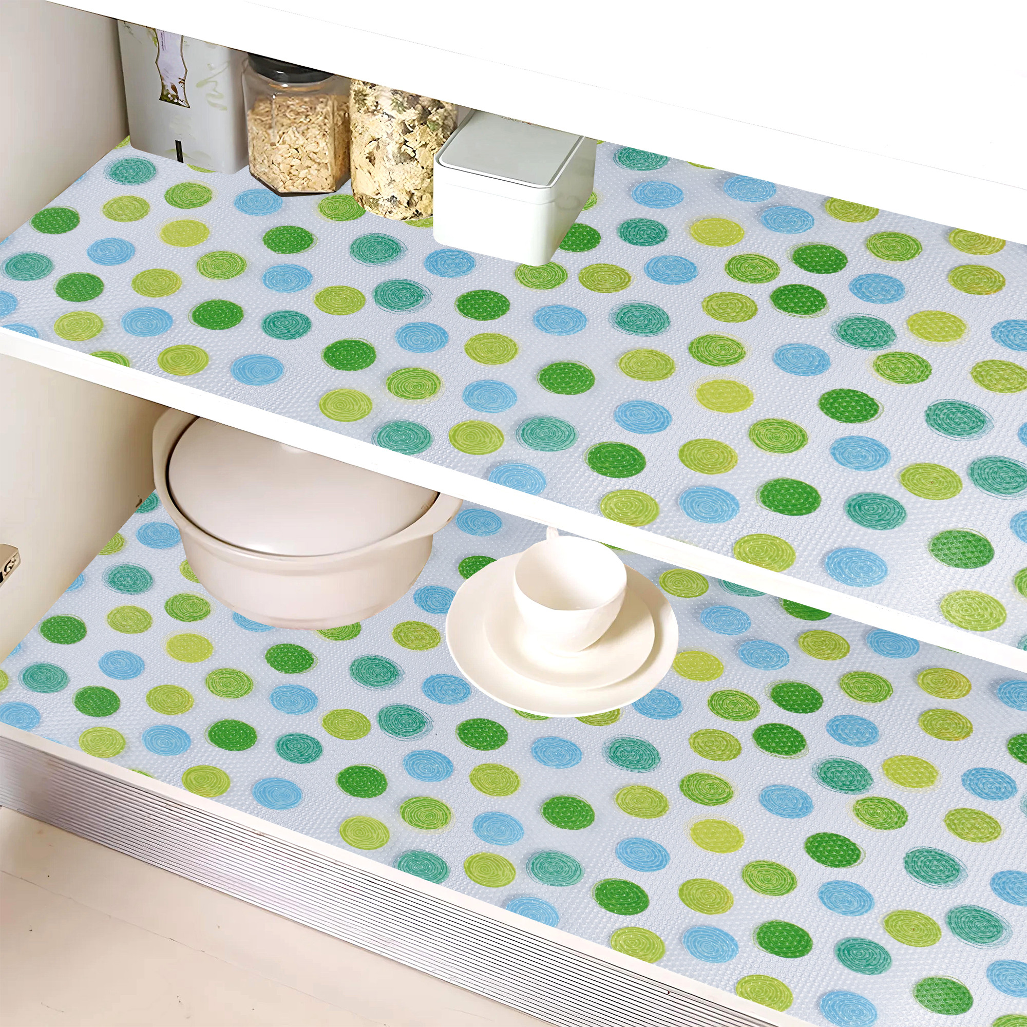 Kuber Industries 3 Meter EVA Anti Slip Kitchen Shelf Mats Roll  Shelf Liners for Kitchen Shelves  Fridge  Multipurpose Cupboard Sheets for Wardrobes  Drawers  Dot S2 - Green  Blue
