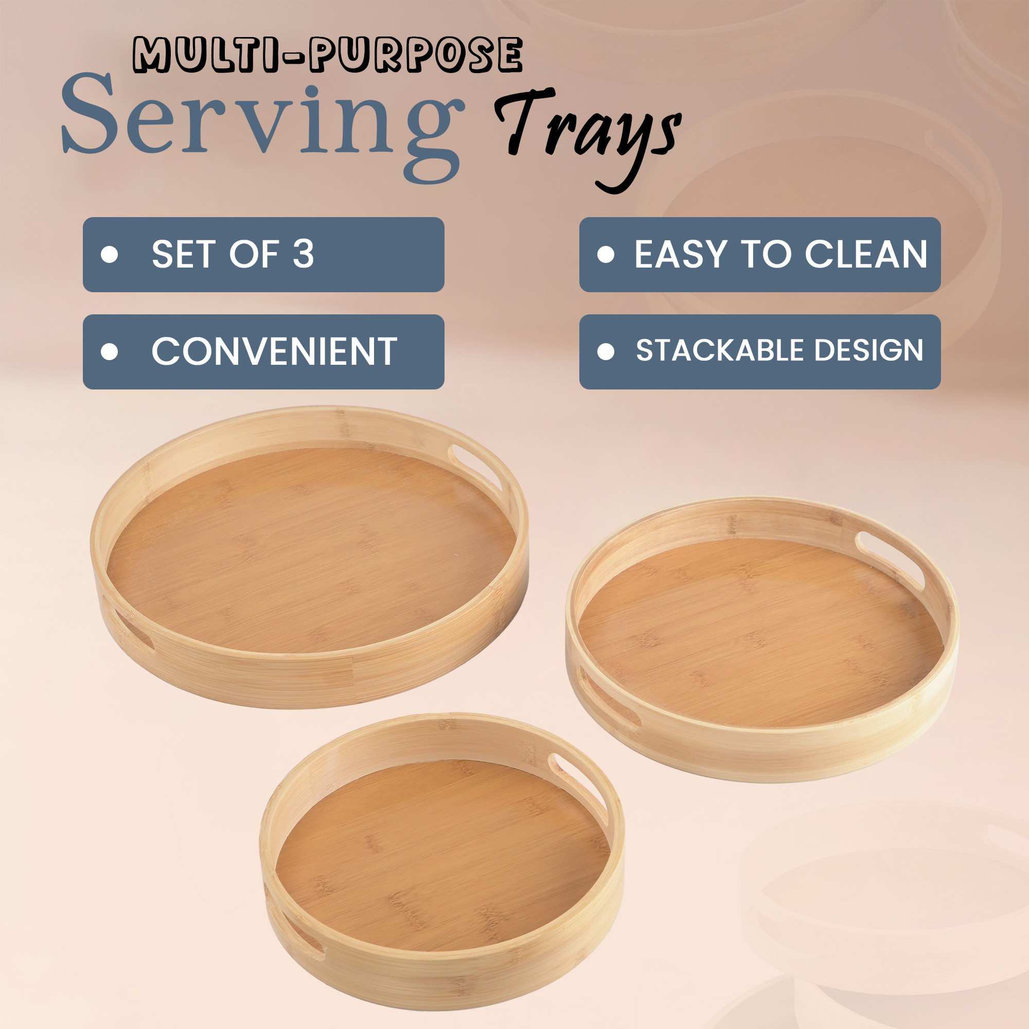 Kuber Industries 3 Pcs Bamboo Tray for Serving Food  Decorative Round Wooden Trays for Decoration with Handle  Home  Kitchen Dining Table Accessories Serving Plates  CX-15 - Brown