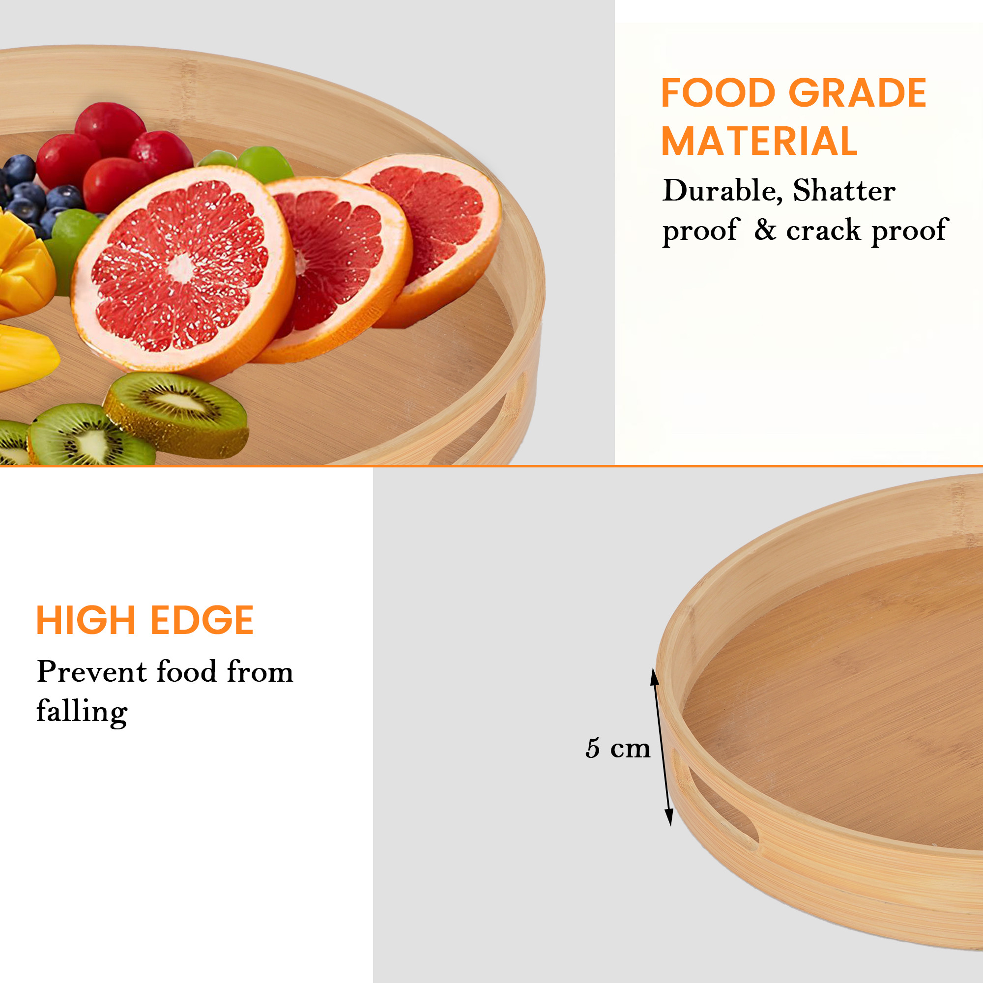 Kuber Industries 3 Pcs Bamboo Tray for Serving Food  Decorative Round Wooden Trays for Decoration with Handle  Home  Kitchen Dining Table Accessories Serving Plates  CX-15 - Brown