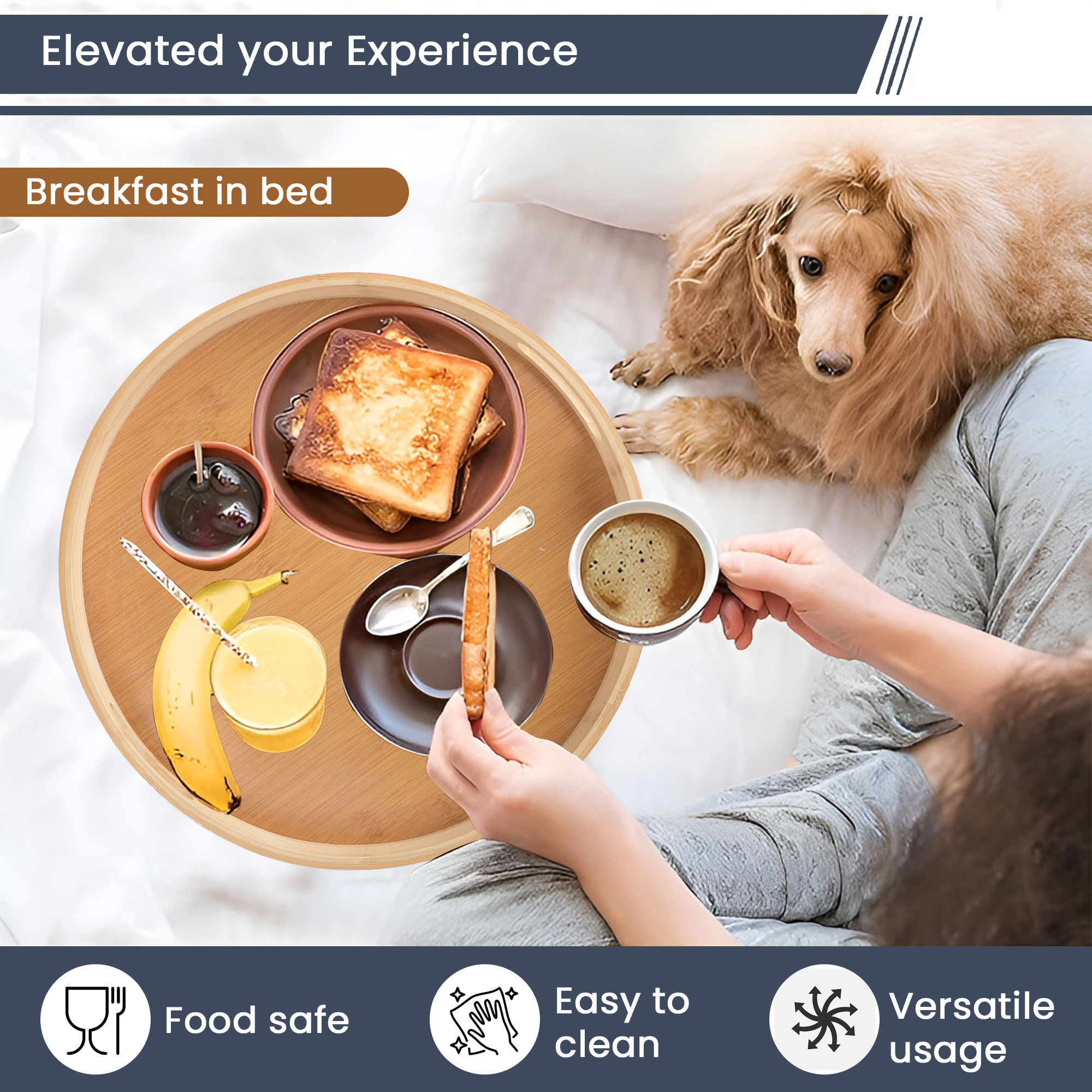 Kuber Industries 3 Pcs Bamboo Tray for Serving Food  Decorative Round Wooden Trays for Decoration with Handle  Home  Kitchen Dining Table Accessories Serving Plates  CX-15 - Brown